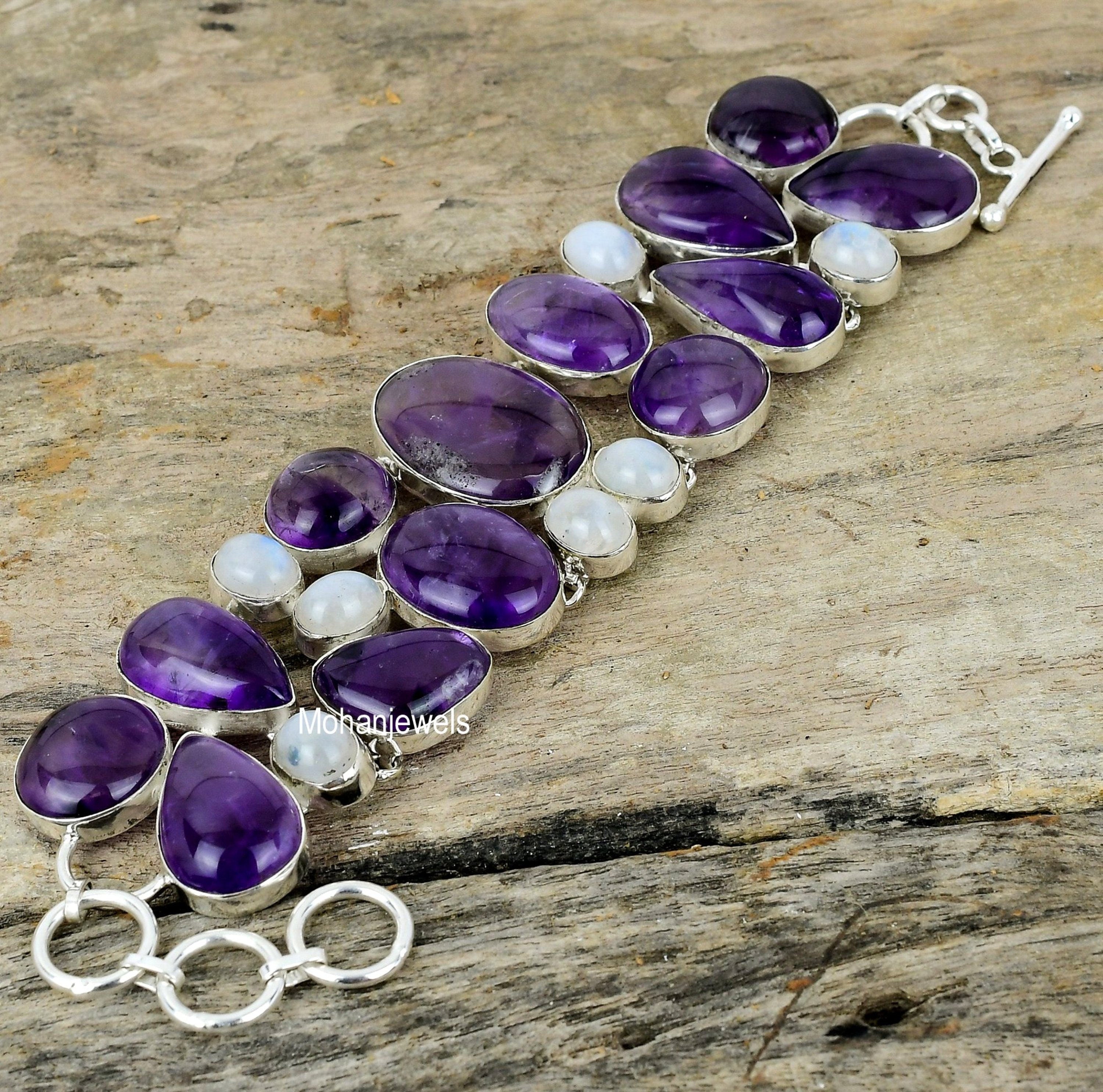 Natural Amethyst Moonstone Silver Plated Bracelet, Handmade Bracelet, Statement Bracelet, Birthstone Jewelry, Designer Jewelry, Gift For Her