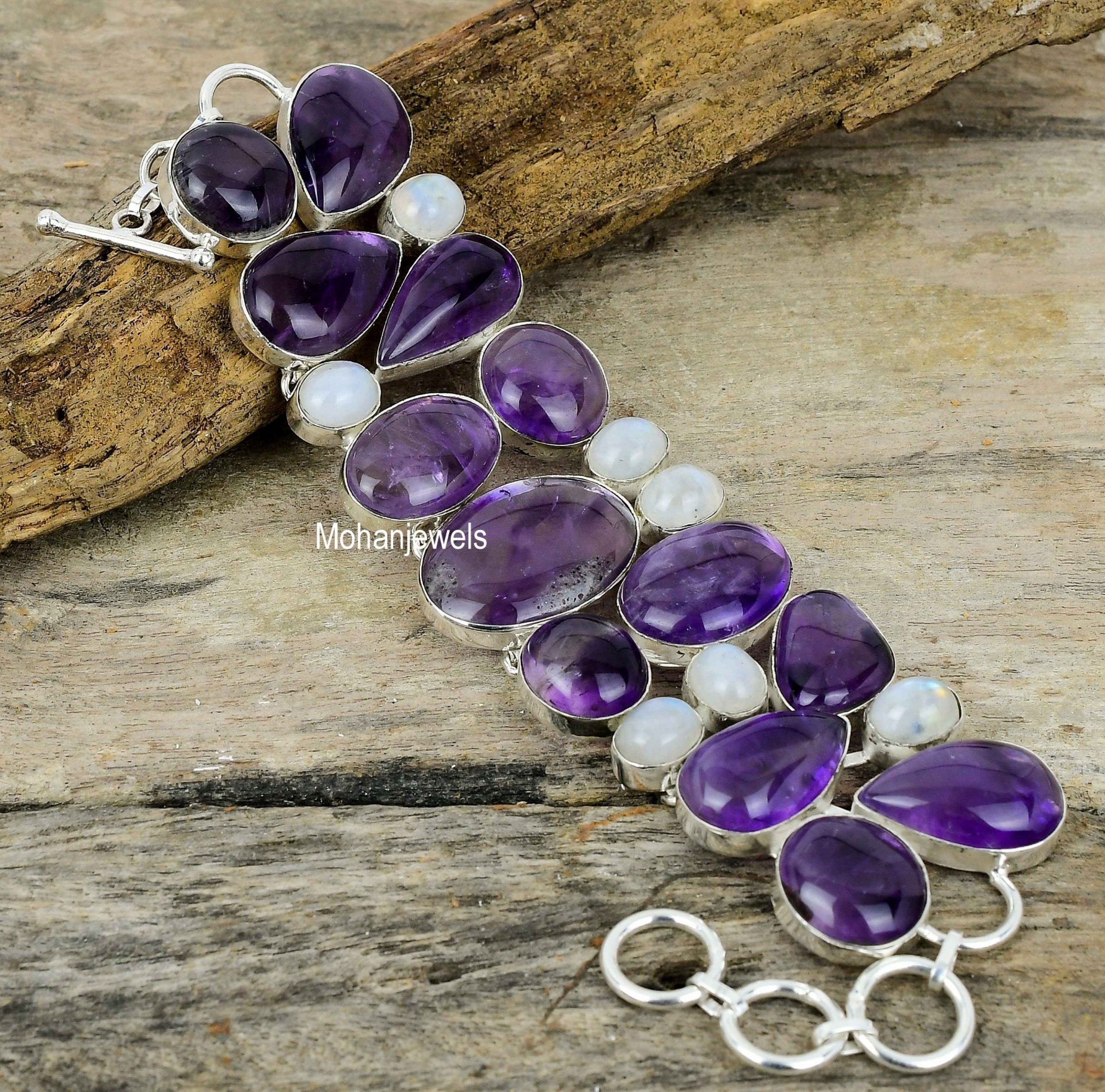 Natural Amethyst Moonstone Silver Plated Bracelet, Handmade Bracelet, Statement Bracelet, Birthstone Jewelry, Designer Jewelry, Gift For Her