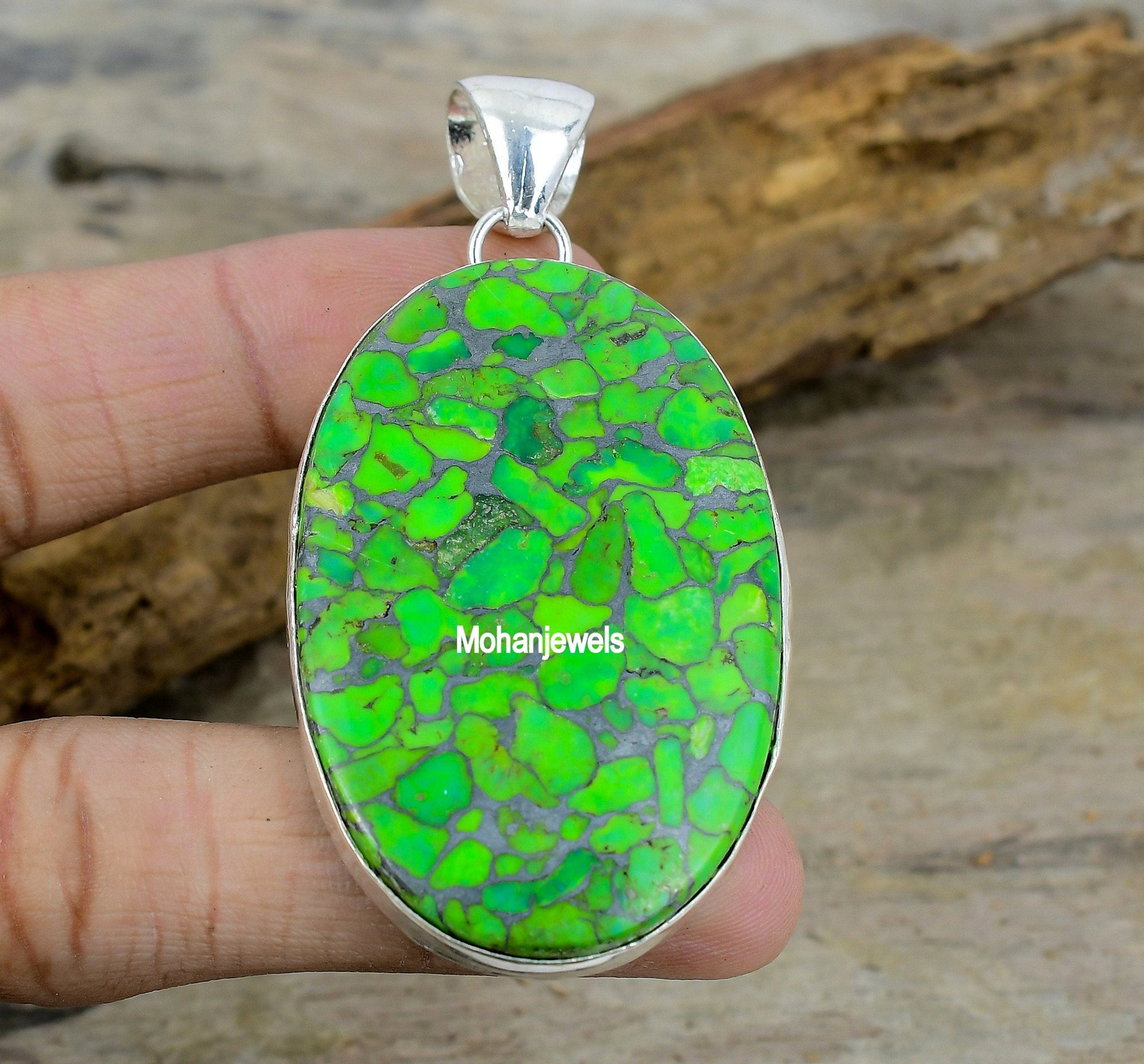 Mojave Turquoise Pendant - Green Copper Turquoise Silver Plated Pendant - Big Oval Turquoise Pendant Jewelry - Green Necklace - Gift for Her