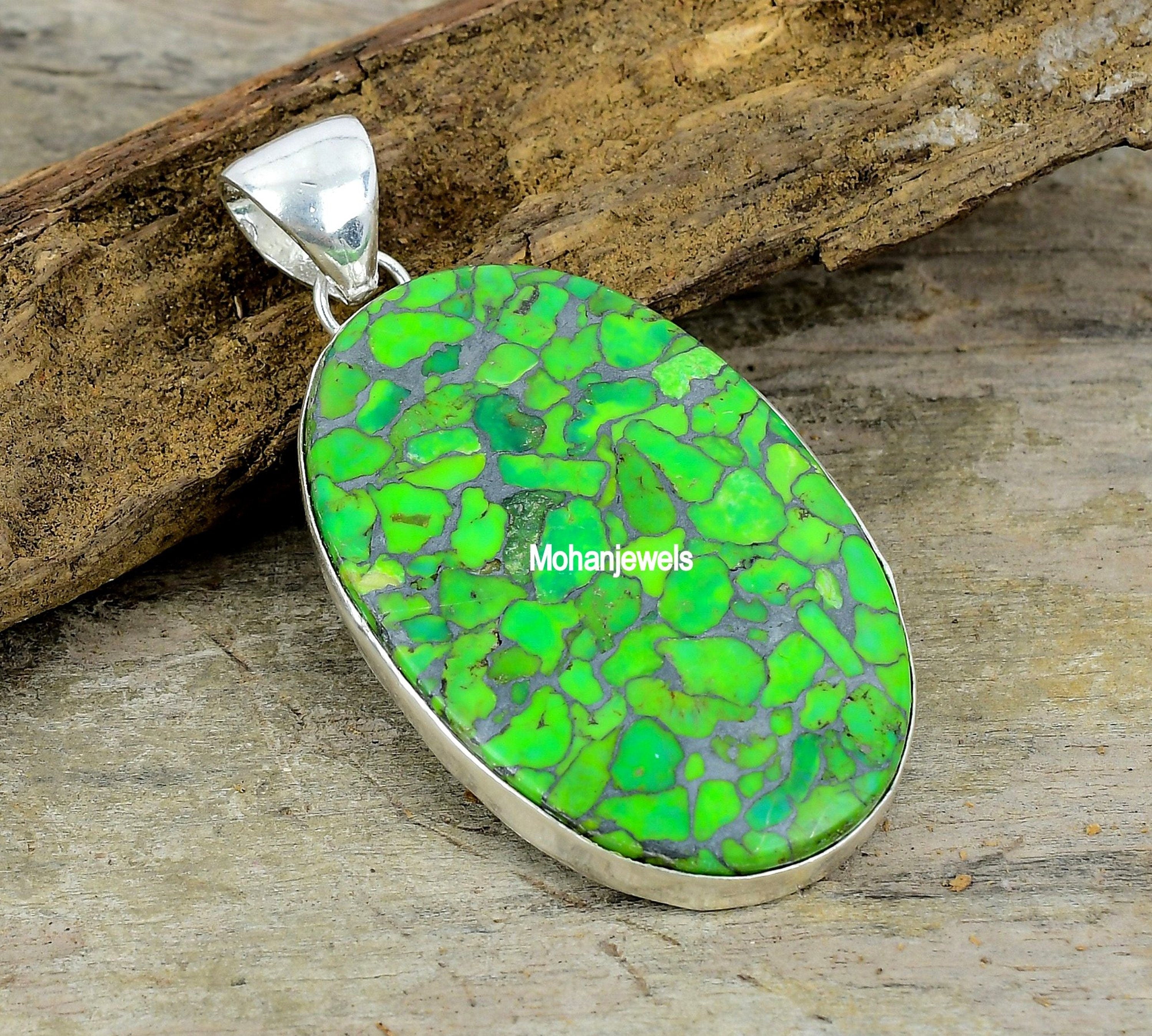 Mojave Turquoise Pendant - Green Copper Turquoise Silver Plated Pendant - Big Oval Turquoise Pendant Jewelry - Green Necklace - Gift for Her