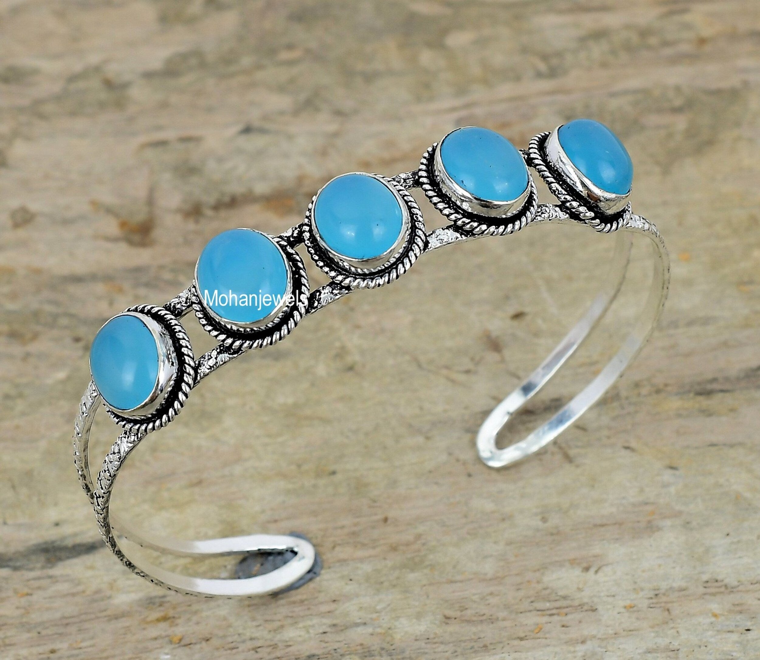 Blue Chalcedony Cuff Bracelet, Chalcedony Silver Plated Bracelet, Handmade Jewelry, March Birthstone, Gemstone Cuff Bangle, Gift For Her