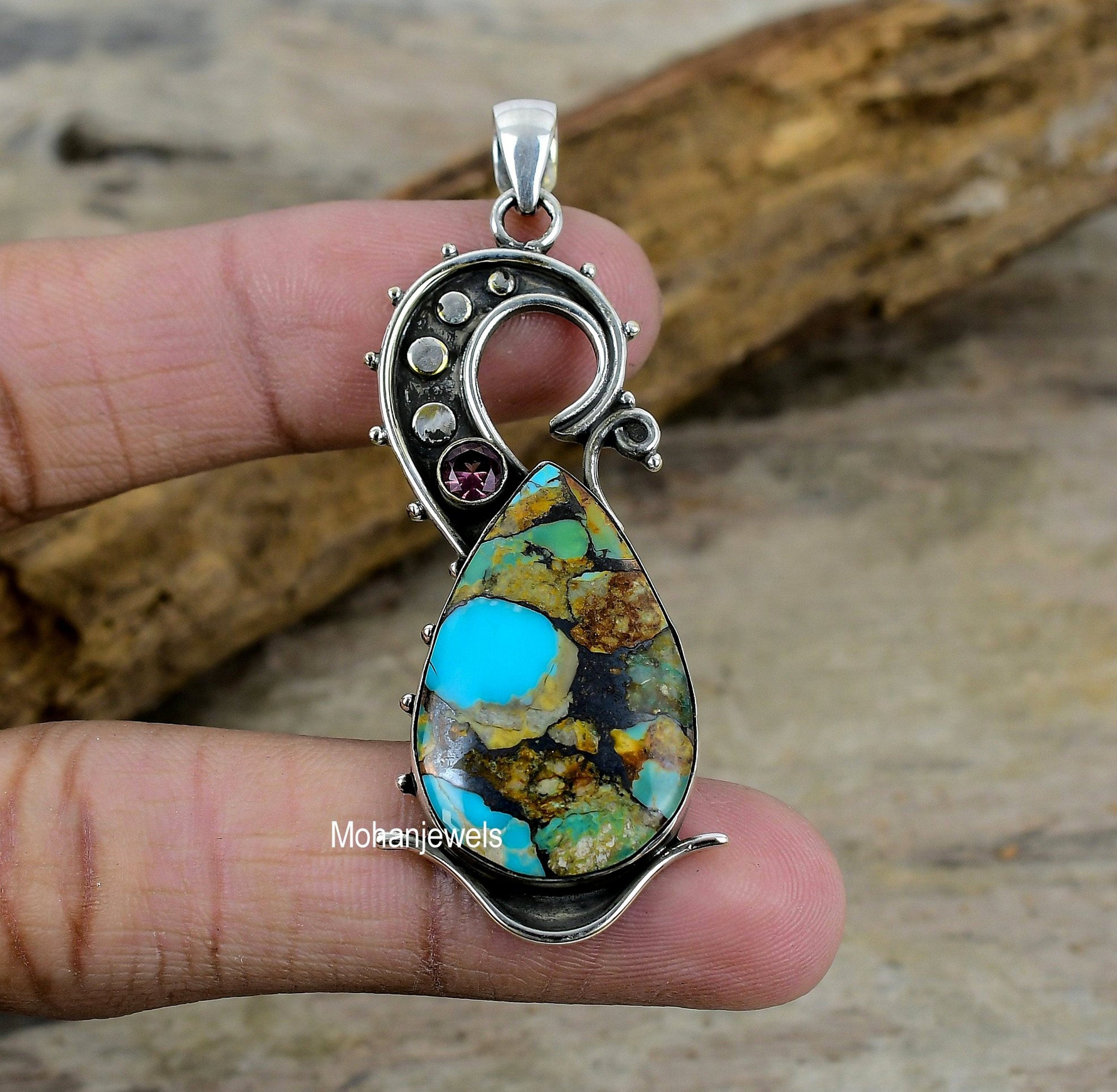 Turquoise Pendant - Copper Turquoise & Amethyst Silver Plated Pendant Necklace - Jewelry Gifts Idea - Bohemian Necklace - Multi Color Stone