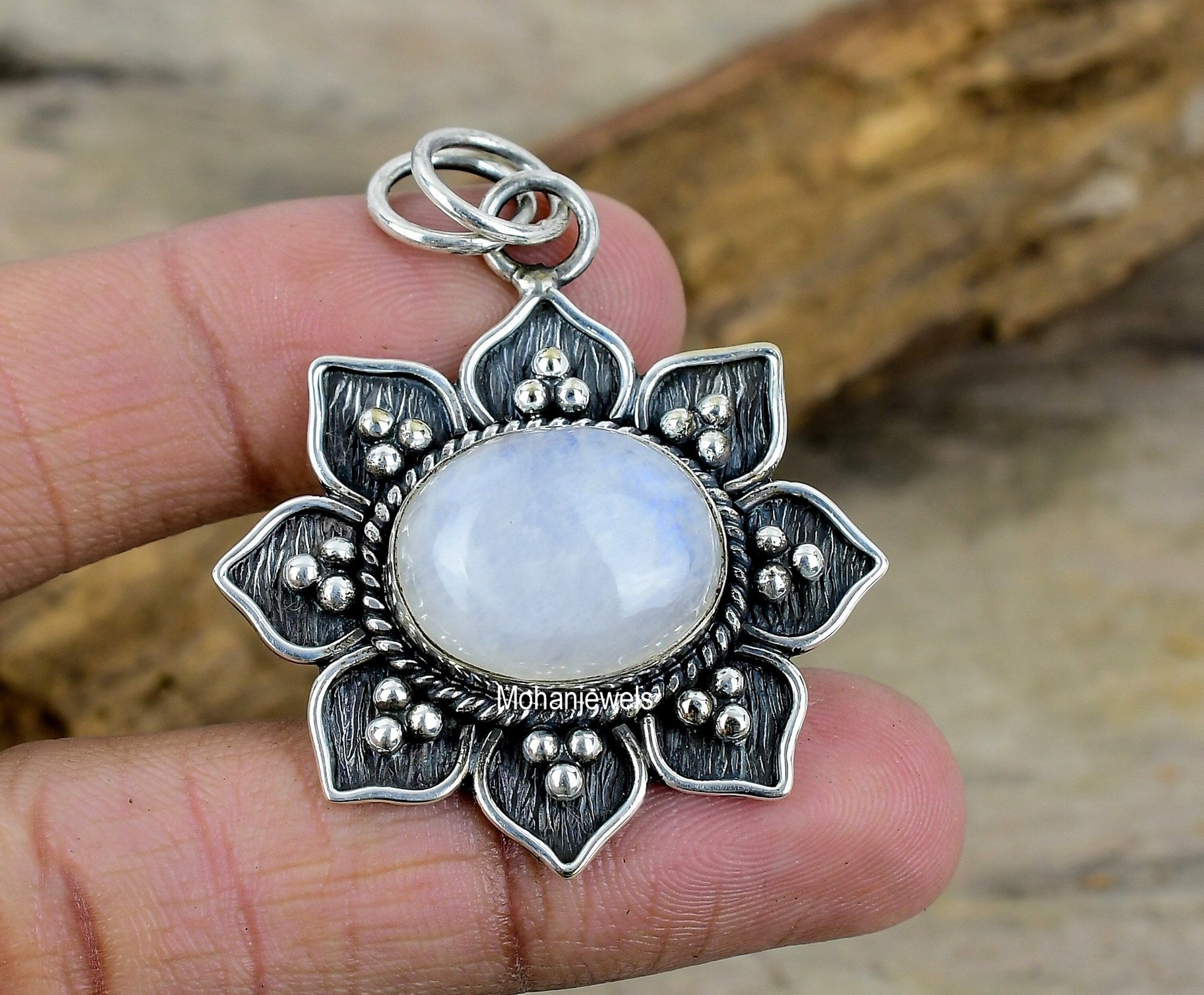 Rainbow Moonstone Silver Plated Pendant, Unique Designer Jewelry, Handmade Flower Pendant, Moonstone Jewelry, Healing Stone, Gift For Her