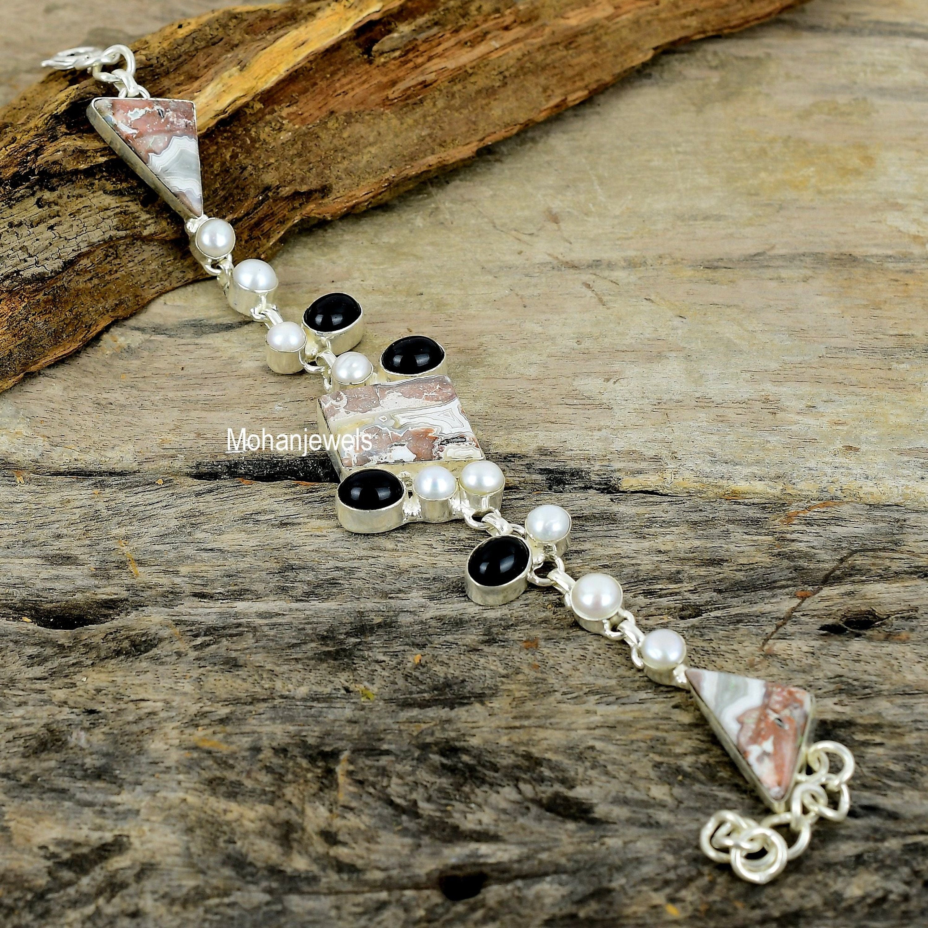 Crazy Lace Agate Black Onyx White Pearl Silver Plated Bracelet - Unique Designer Jewelry - Handmade Bracelet - Charm Bracelet - Gift for Her