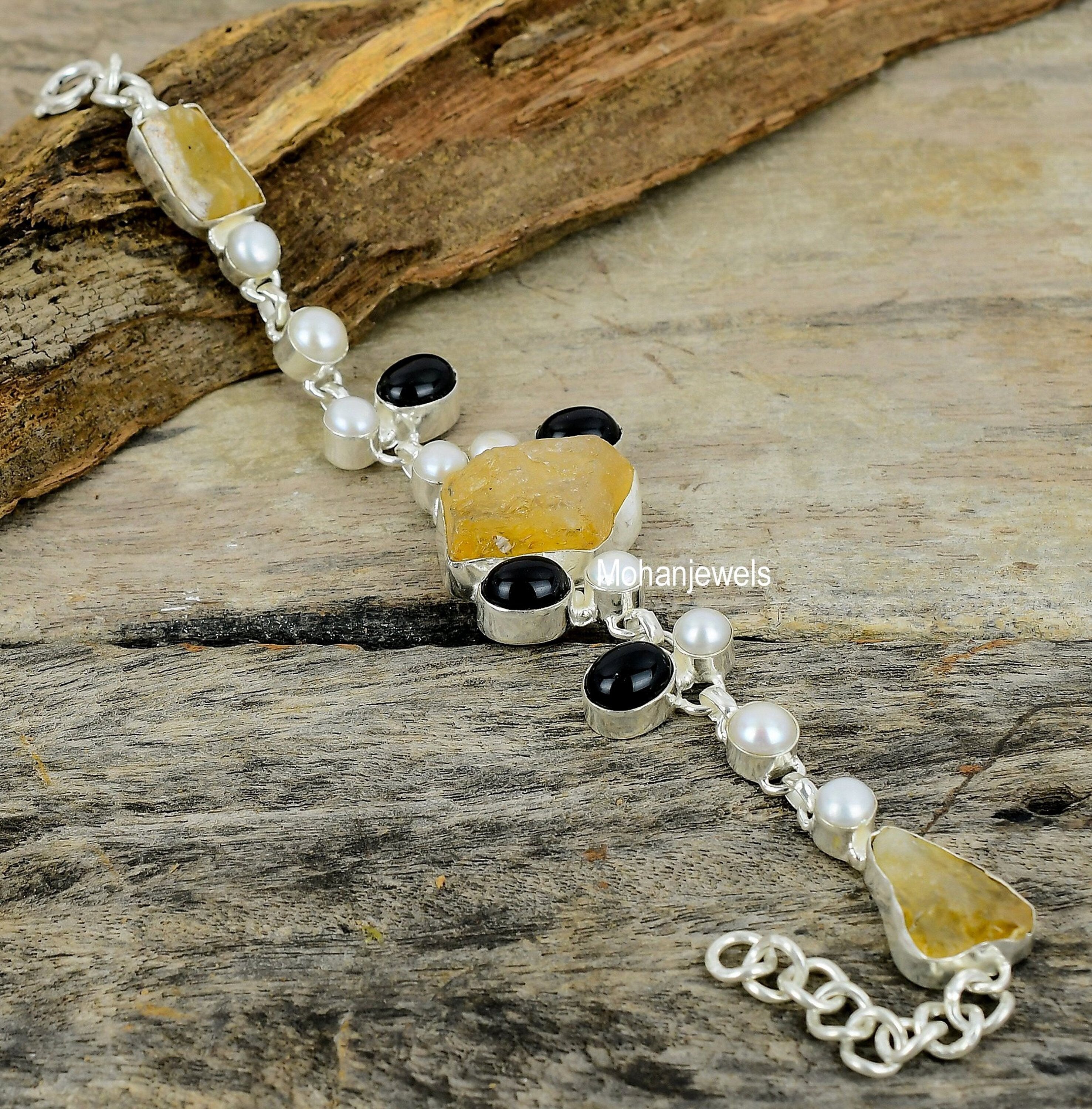 Natural Citrine Bracelet - Citrine Rough Black Onyx White Pearl Silver Plated Bracelet - Handmade Jewelry - Charm Bracelet - Gift For Her