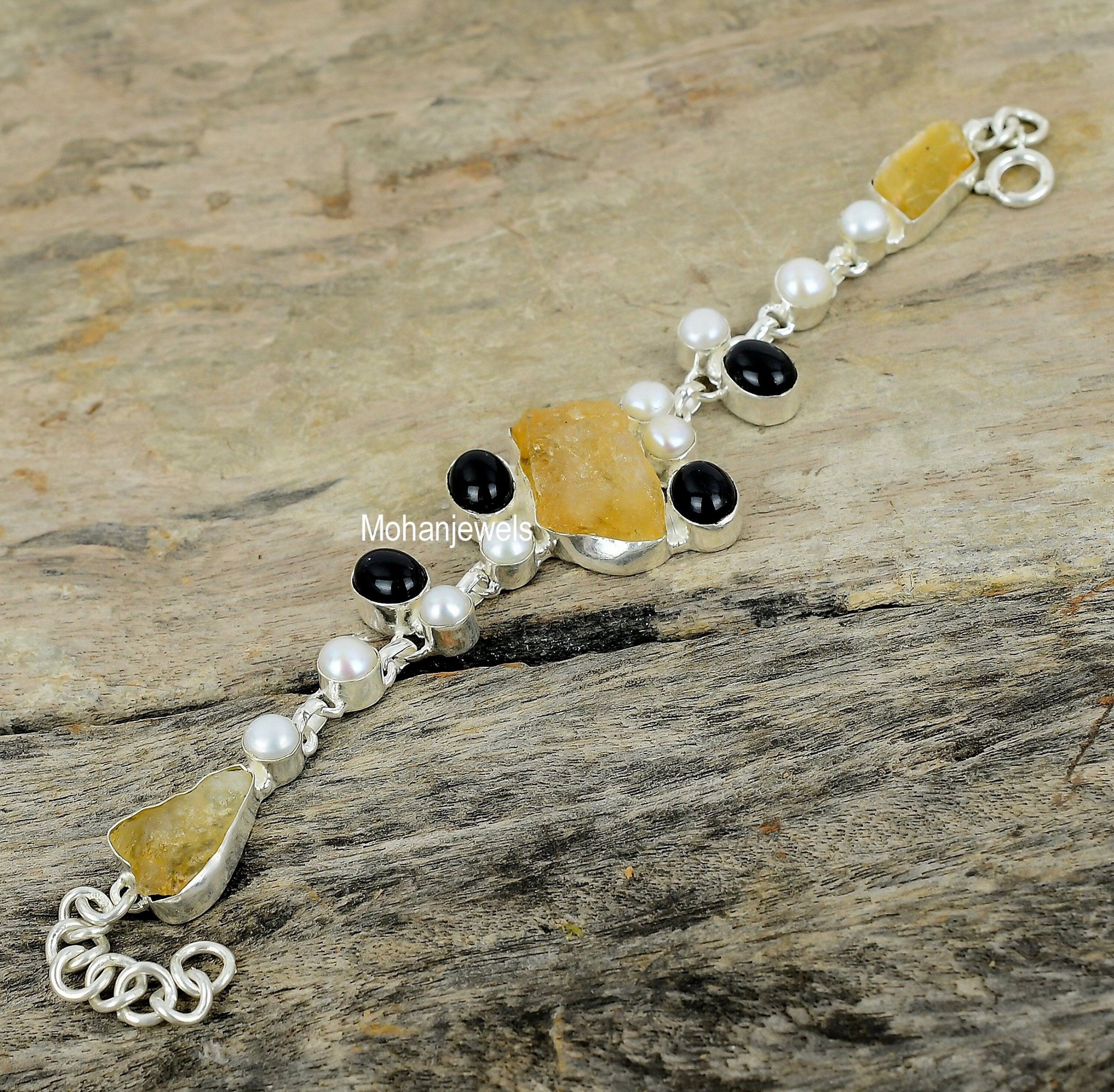 Natural Citrine Bracelet - Citrine Rough Black Onyx White Pearl Silver Plated Bracelet - Handmade Jewelry - Charm Bracelet - Gift For Her