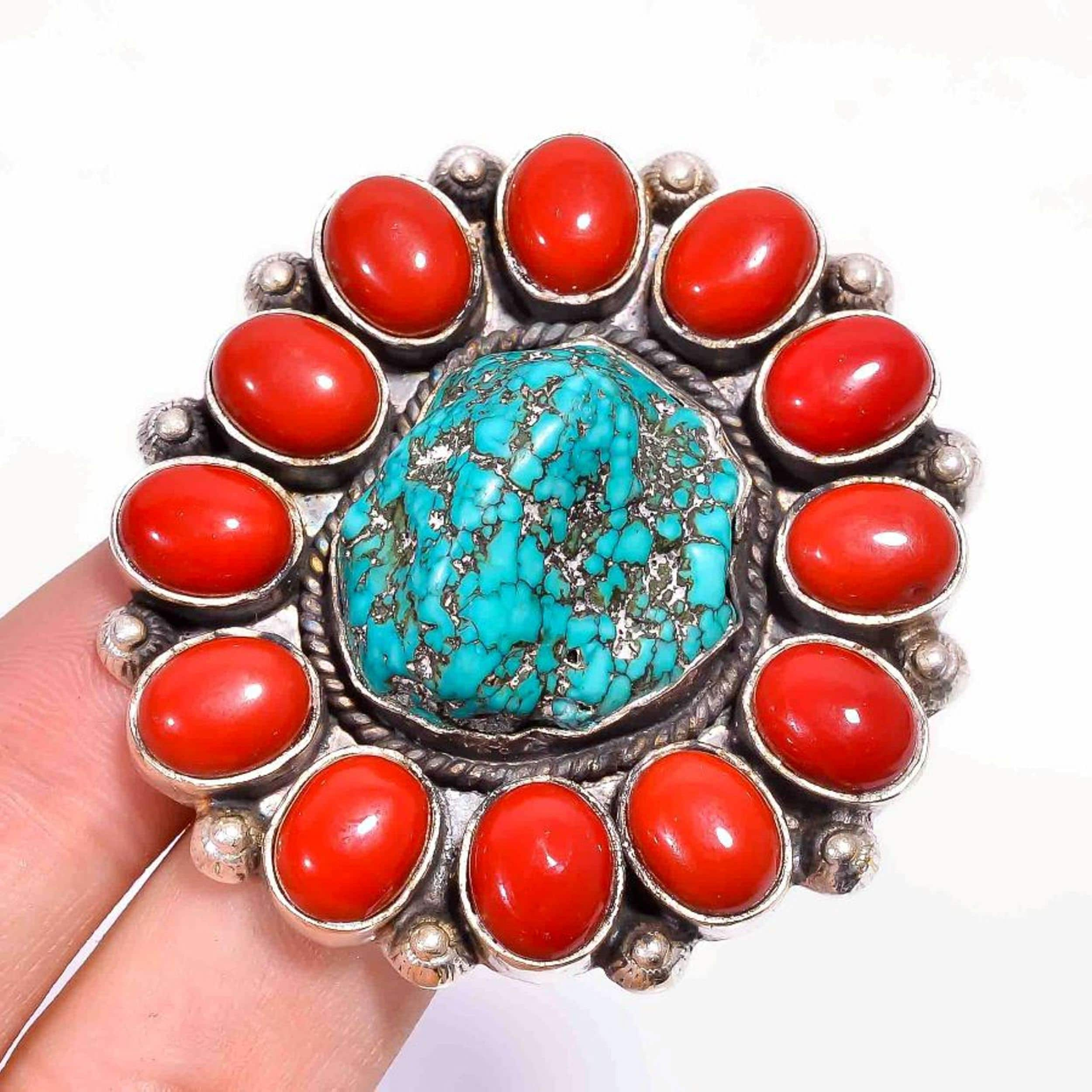 Turquoise Ring, Tibetan Turquoise & Red Coral Silver Plated Ring, Vintage Halo Ring, Bohemian Ring Jewelry, Women's Ring, Wedding Gift Ring