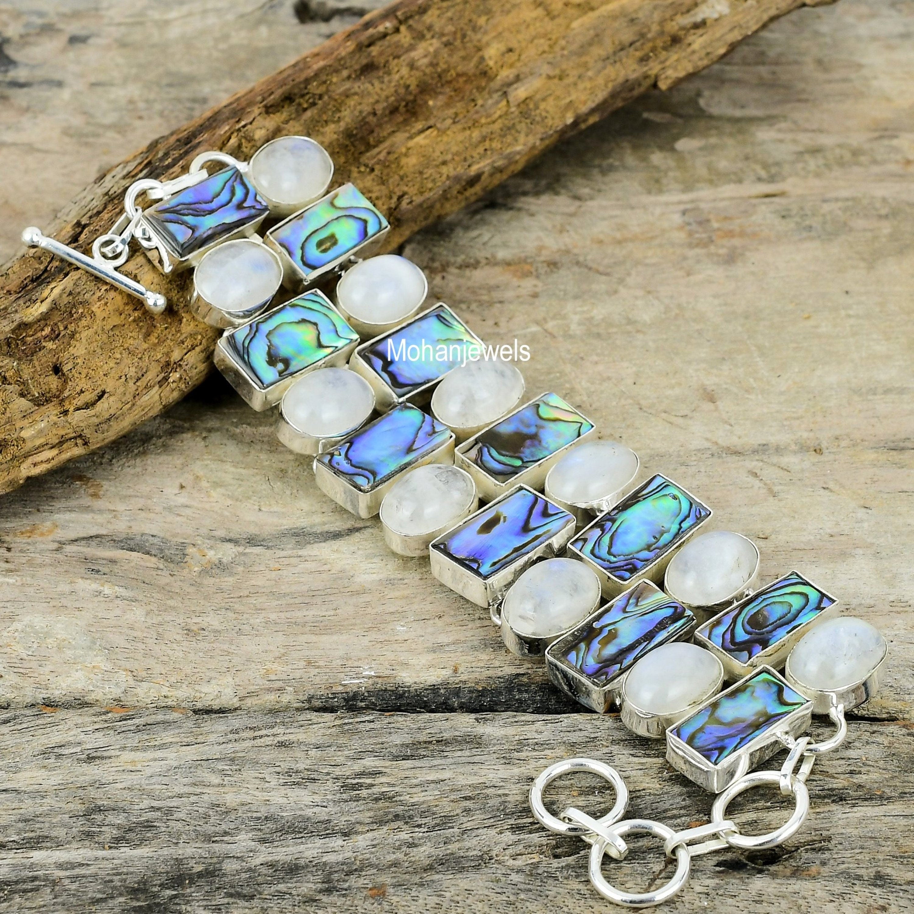 Abalone Shell Moonstone Silver Plated Bracelet - Handmade Gemstone Bracelet - Statement Bracelet - Unique Fashion Jewelry - Anniversary Gift