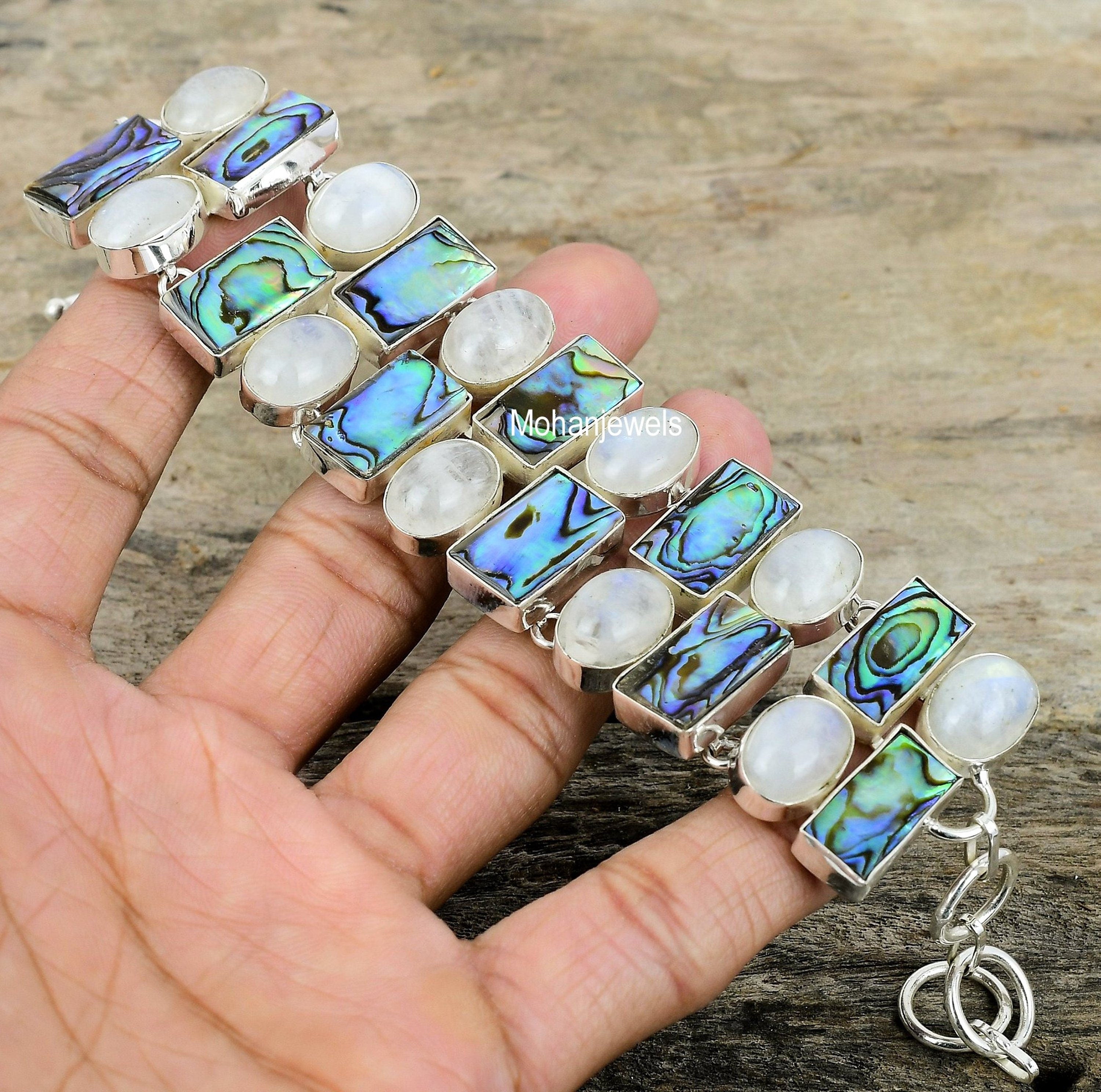 Abalone Shell Moonstone Silver Plated Bracelet - Handmade Gemstone Bracelet - Statement Bracelet - Unique Fashion Jewelry - Anniversary Gift