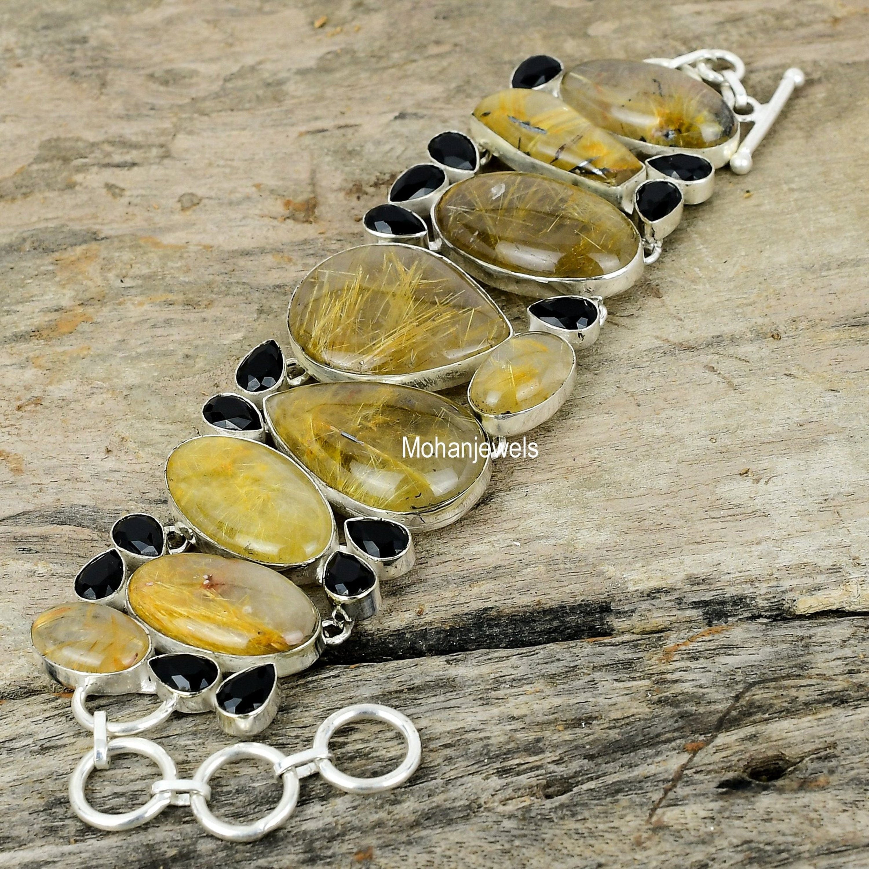 Gold Rutilated Quartz Black Onyx Silver Plated Bracelet, Handmade Bracelet, Statement Bracelet, Vintage Jewelry, Boho Bracelet, Gift for Her