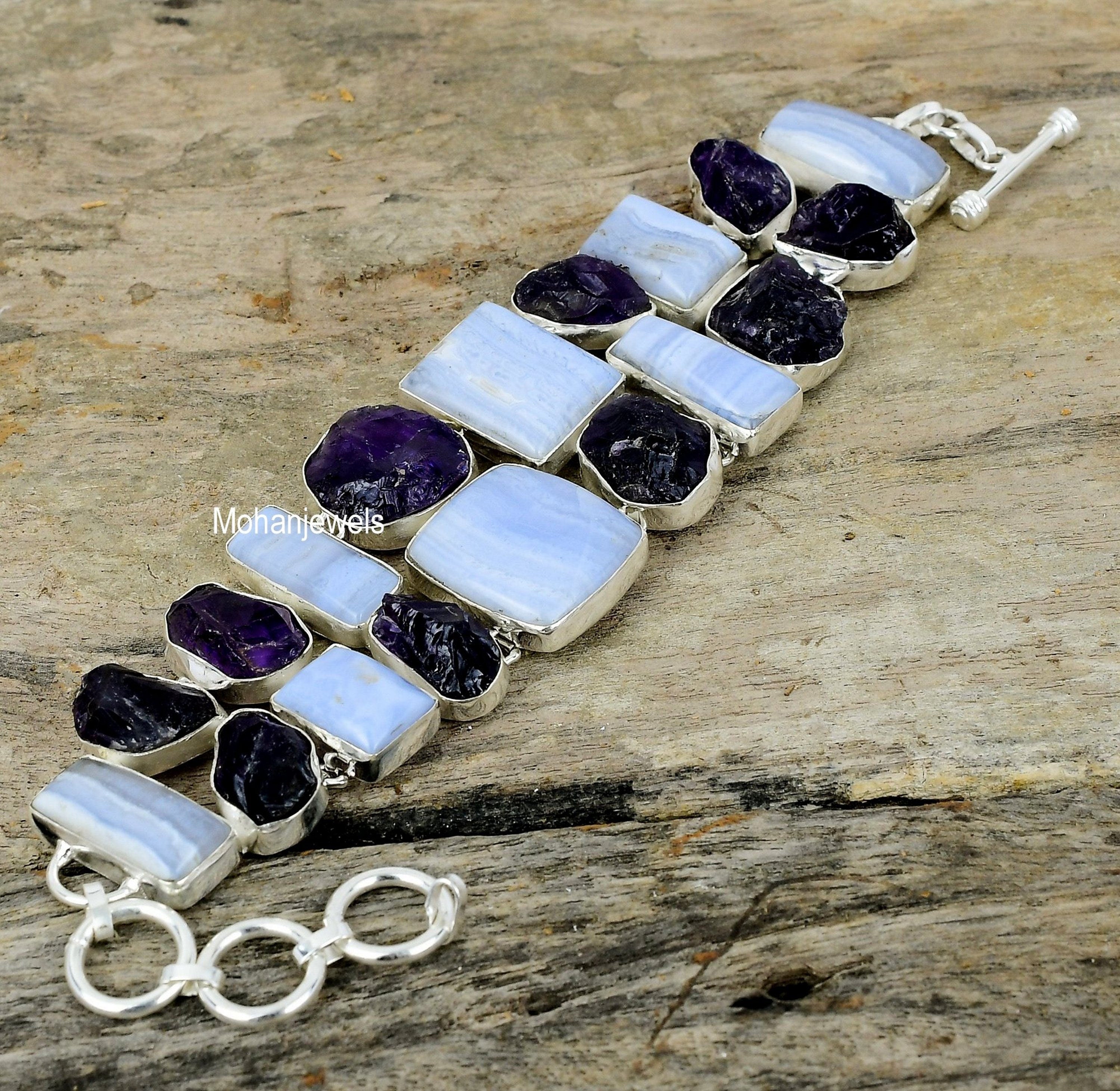 Blue Lace Agate Amethyst Rough Silver Plated Bracelet, Statement Bracelet, Fashion Jewelry, Gemstone Bracelet, Boho Jewelry, Bridesmaid Gift