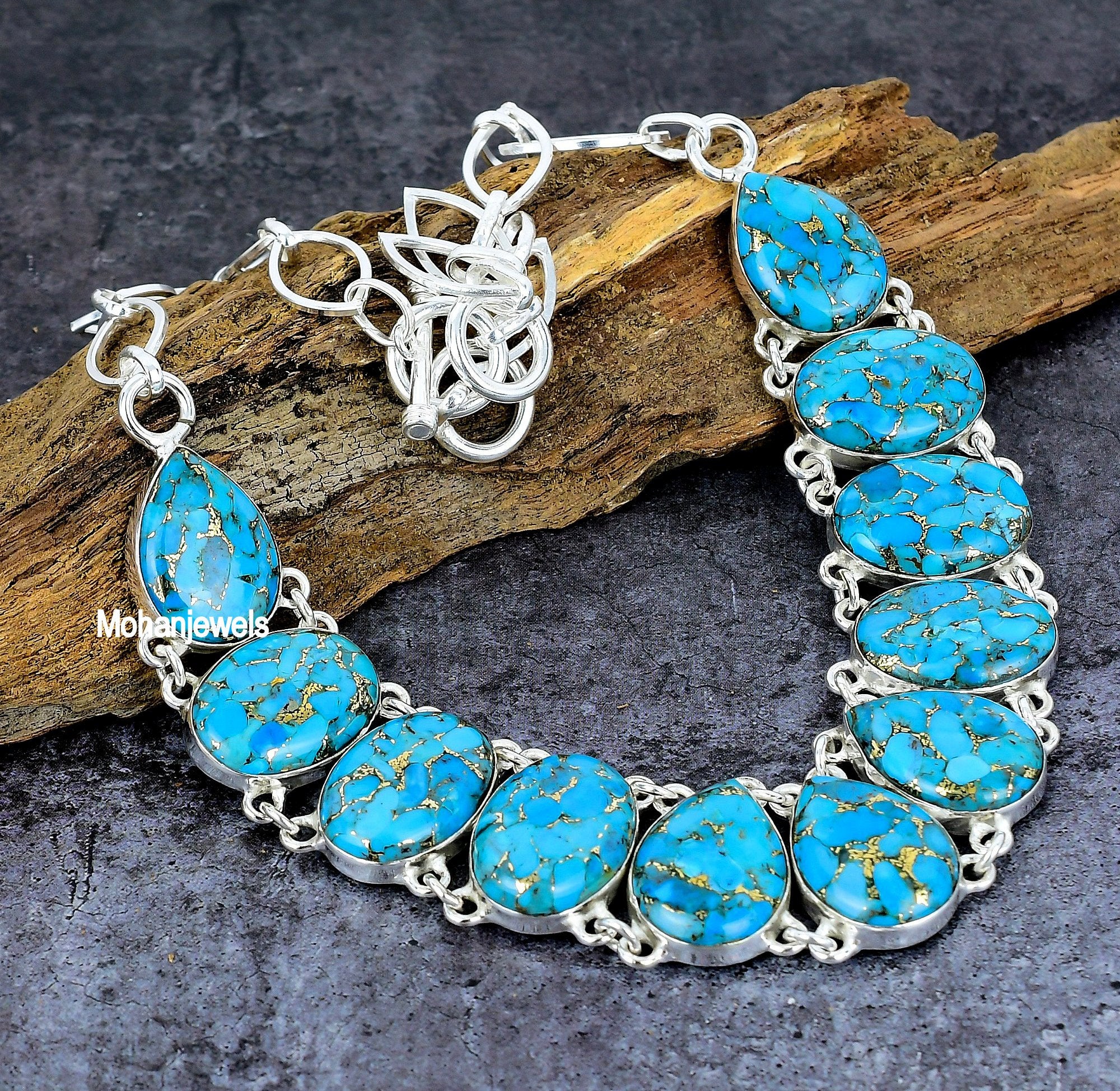 Copper Turquoise Necklace, Blue Copper Turquoise Silver Necklace, Handmade Chunky Necklace, Statement Necklace, Wedding Gift For Bride