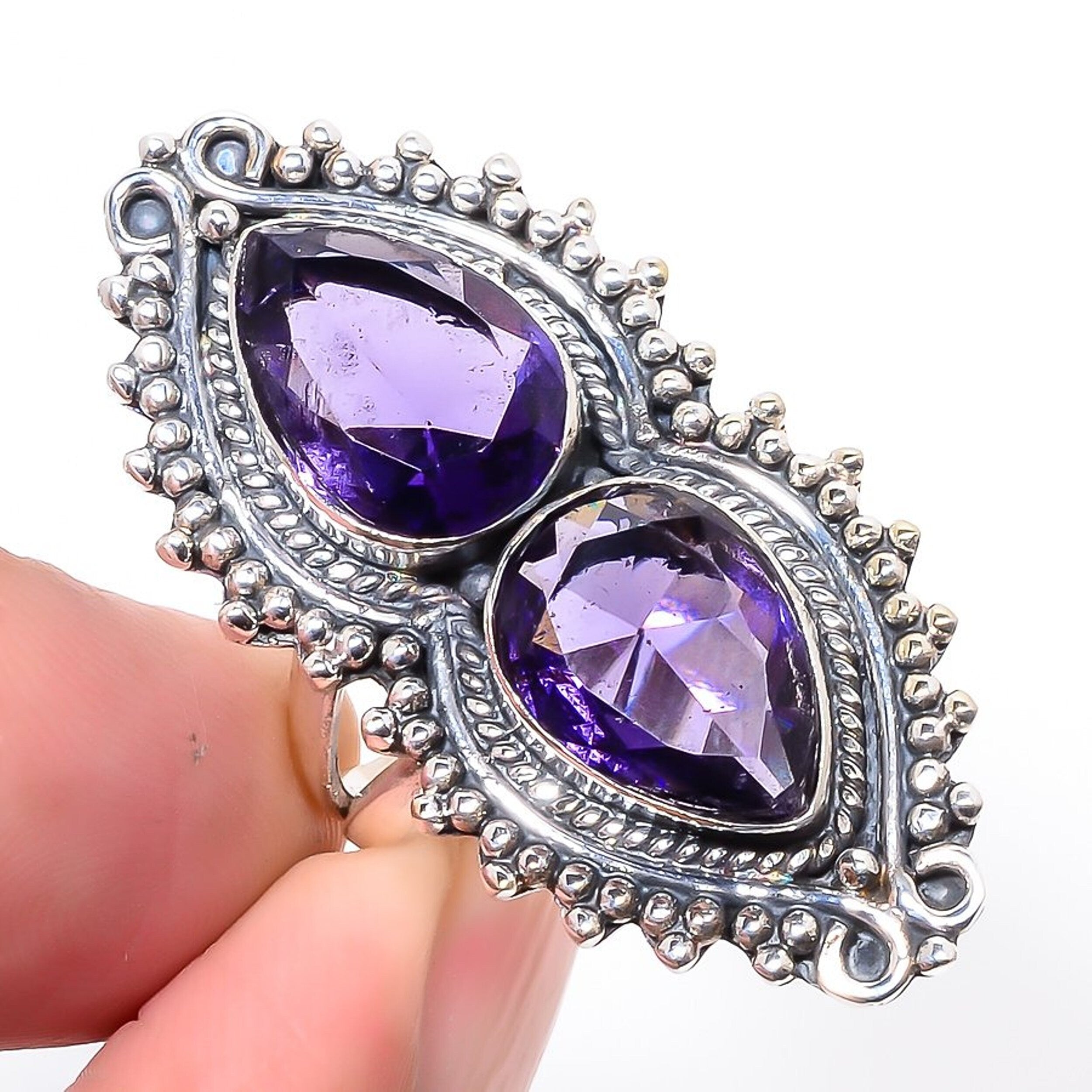 Amethyst Ring, Purple Amethyst Gemstone Silver Plated Ring, Bohemian Ring, Birthstone Ring, Handmade Vintage Ring, Double Stone Wedding Ring