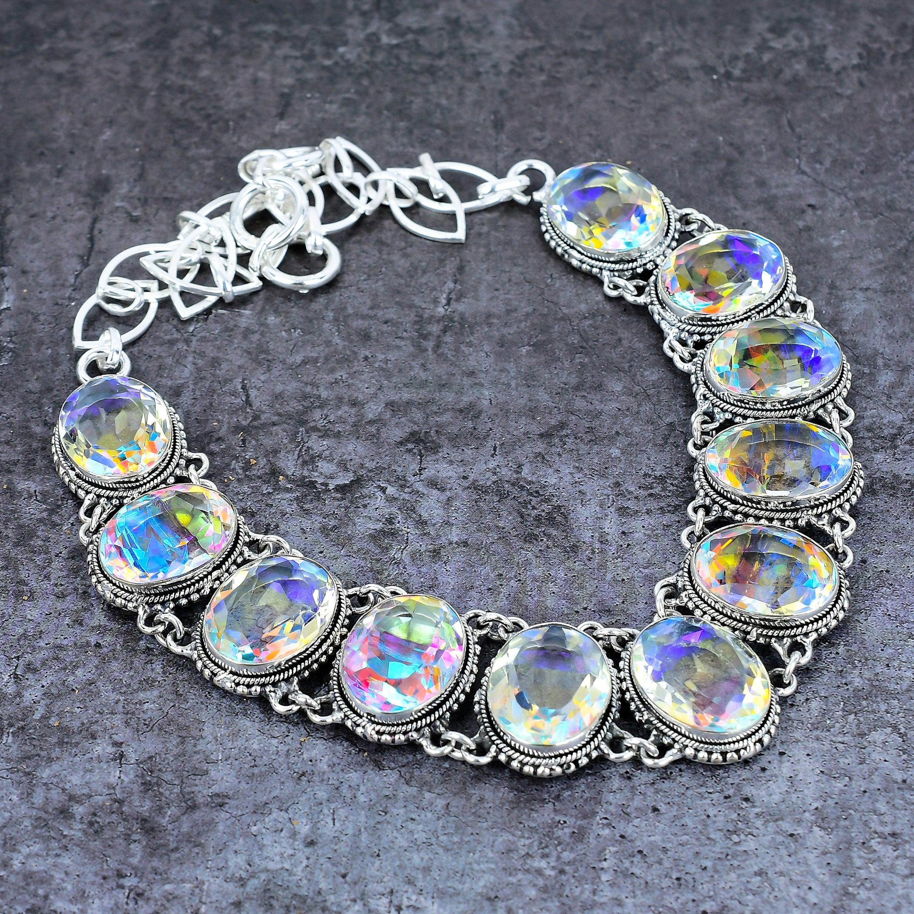 Aurora Mystic Topaz Necklace, Rainbow Topaz Silver Plated Necklace, Aura Quartz Unique Necklace, Mystic Topaz Handmade Jewelry, Gift For Her