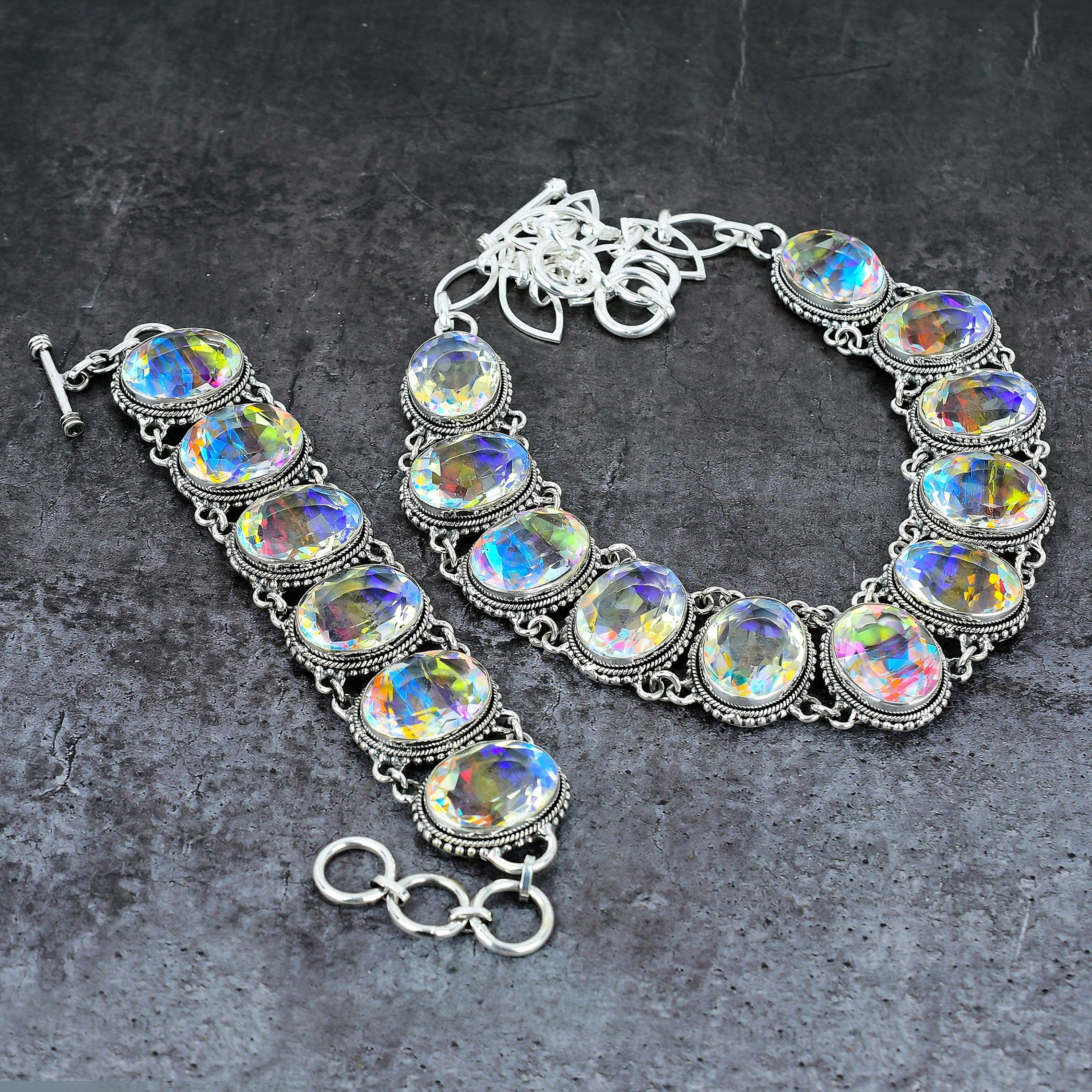 Aurora Mystic Topaz Jewelry Set, Rainbow Topaz Silver Plated Necklace, Angel Aura Quartz Necklace, Rainbow Crystal Jewelry, Anniversary Gift