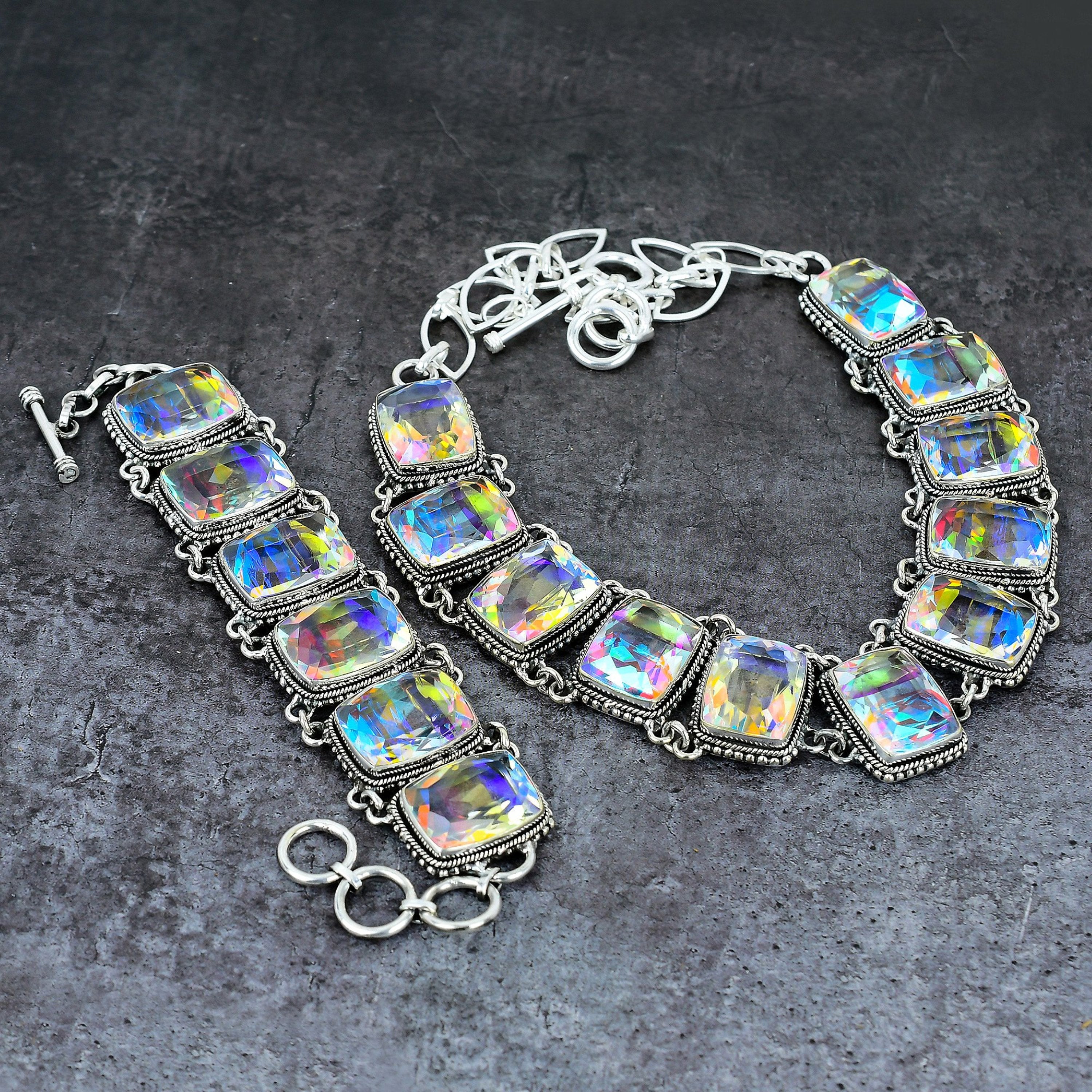 Aurora Mystic Topaz Jewelry Set, Rainbow Topaz Silver Plated Necklace Bracelet, Angel Aura Topaz, Designer Jewelry, Birthday Gift For Her