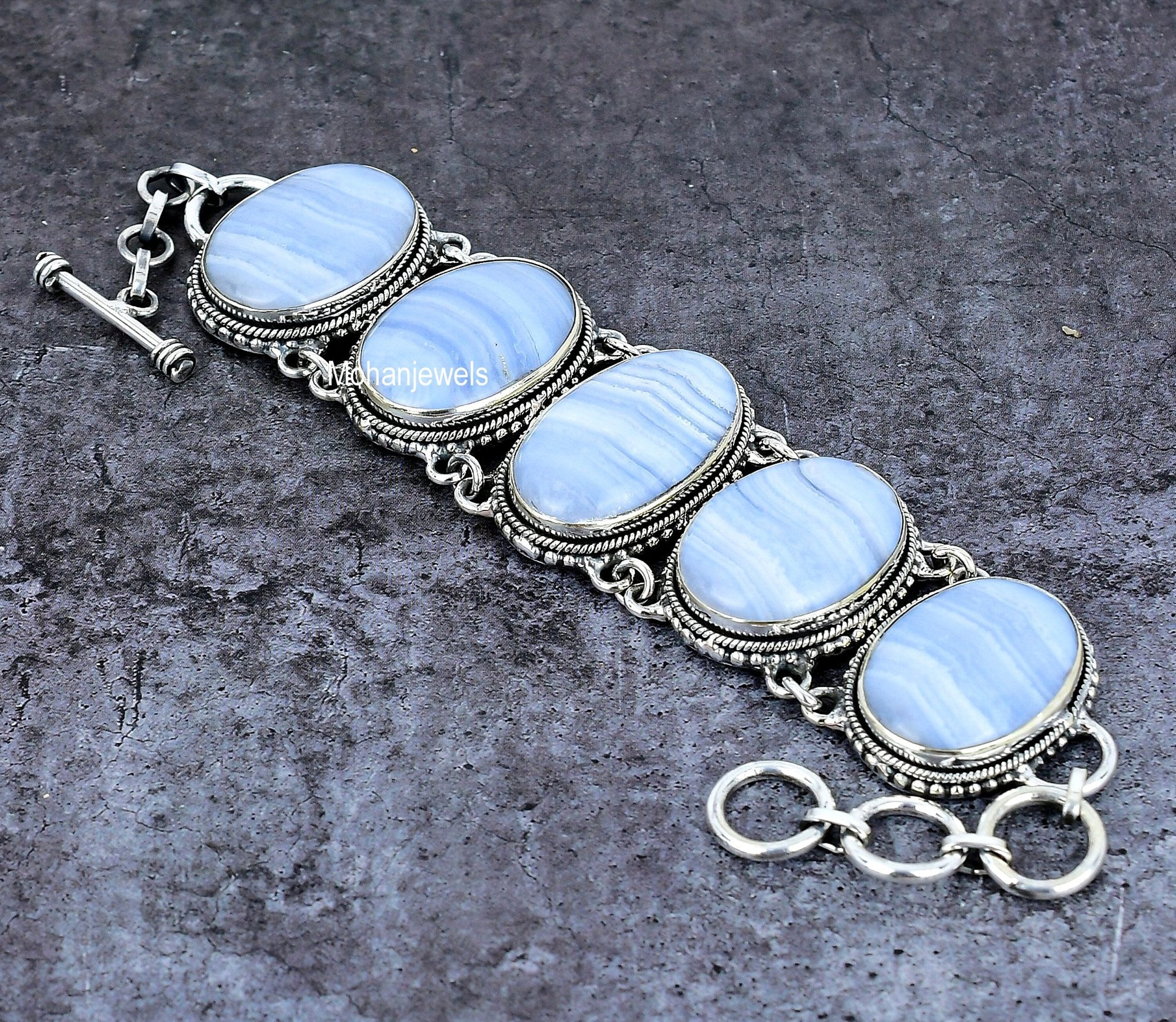 Blue Lace Agate Bracelet - Blue Lace Agate Silver Plated Bracelet - Oval Blue Crystal - Fashion Jewelry - Women's Bracelet For Wedding Gift