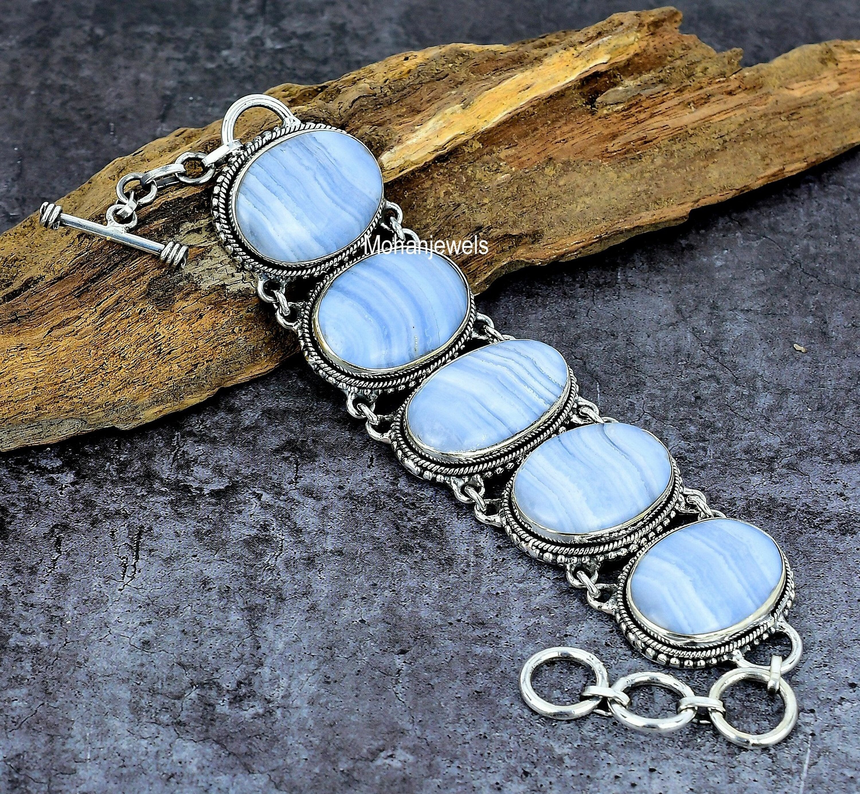 Blue Lace Agate Bracelet - Blue Lace Agate Silver Plated Bracelet - Oval Blue Crystal - Fashion Jewelry - Women's Bracelet For Wedding Gift