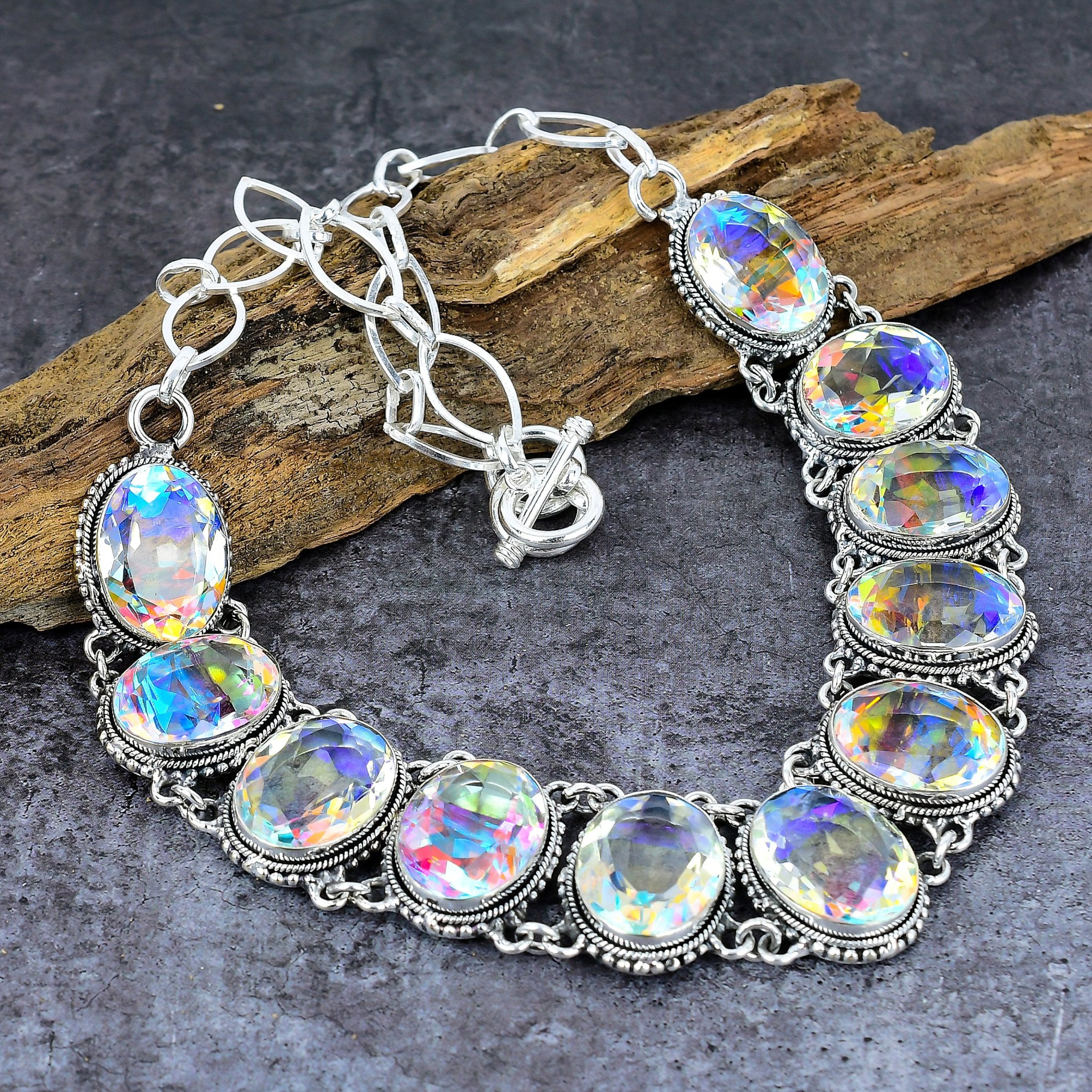 Aurora Mystic Topaz Necklace, Rainbow Topaz Silver Plated Necklace, Aura Quartz Unique Necklace, Mystic Topaz Handmade Jewelry, Gift For Her