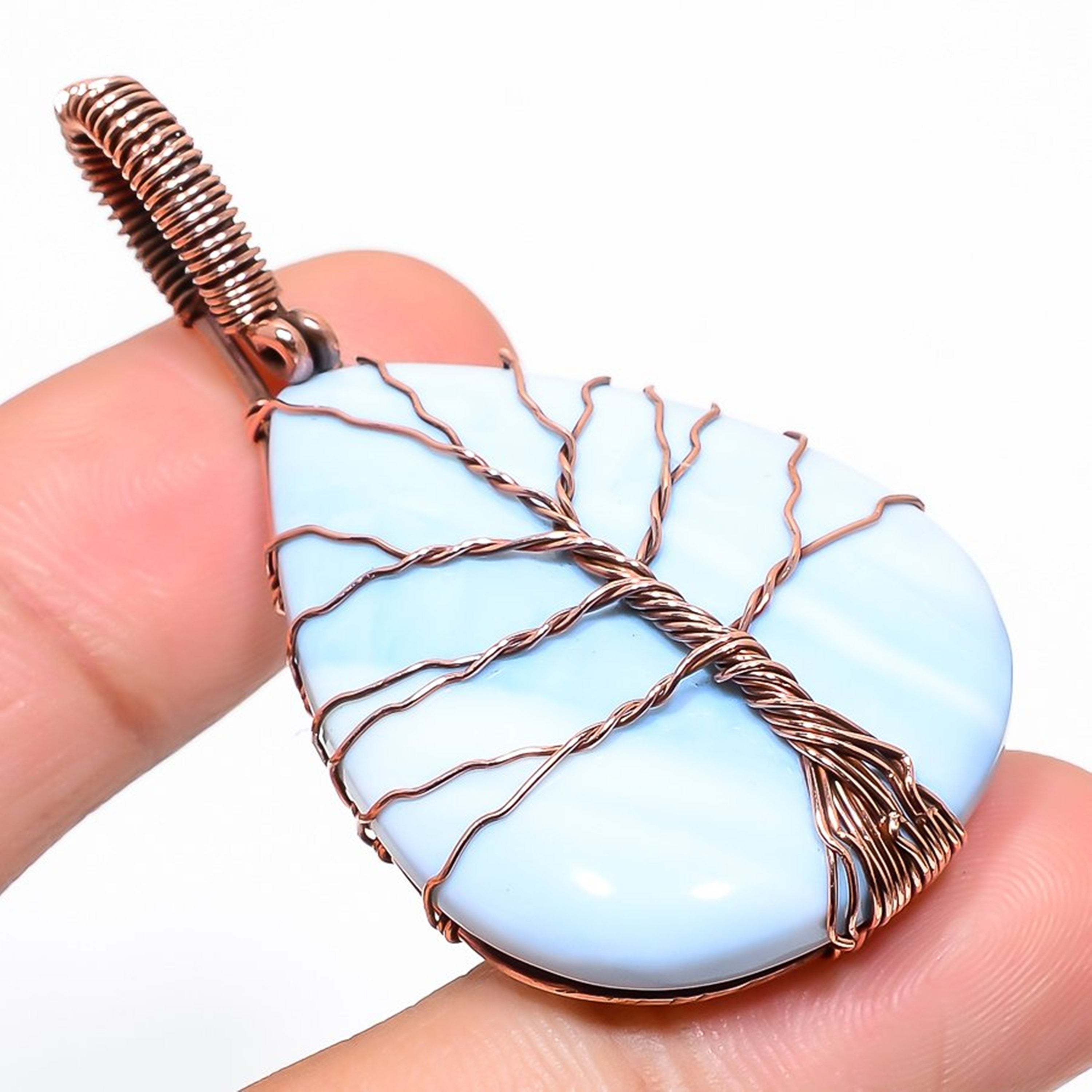 Natural Owyhee Blue Opal Pendant, Copper Wire Wrapped Gemstone Pendant, Healing Crystal, Handmade Designer Necklace For Women, Gift For Her