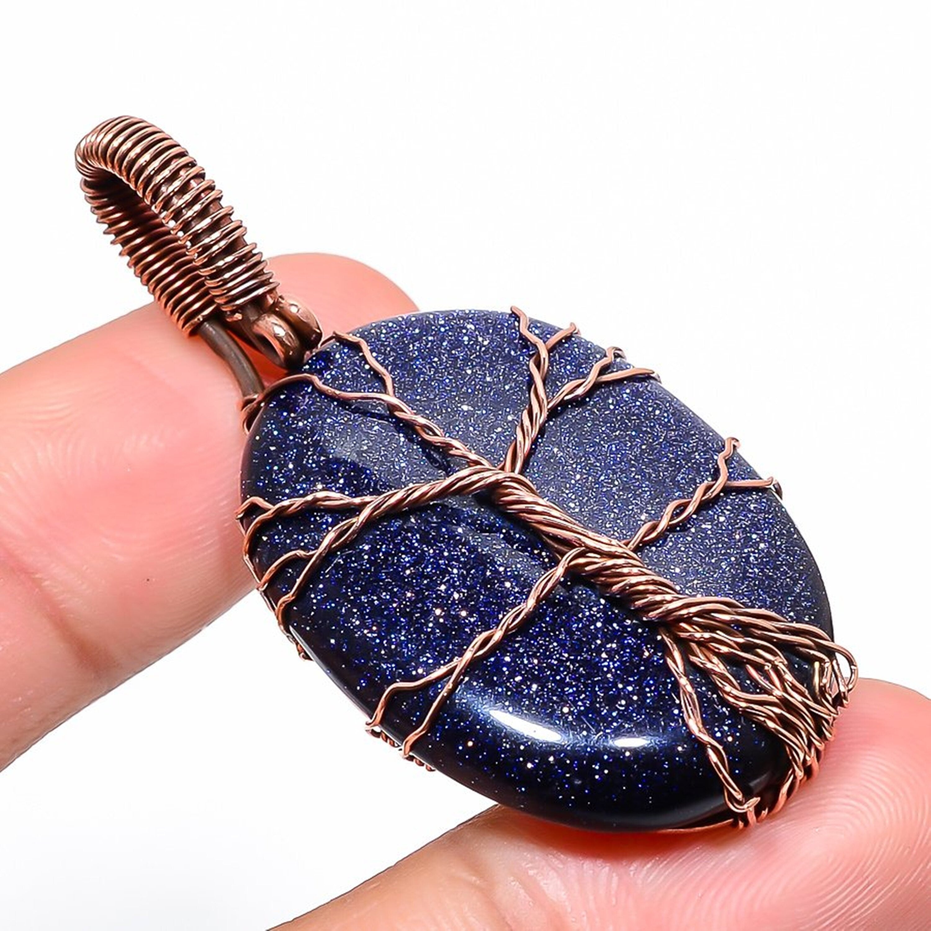 Tree of Life Goldstone Pendant, Copper Wire Wrapped Pendant, Handmade Gemstone Pendant, Blue Goldstone Copper Jewelry Necklace, Gift For Her