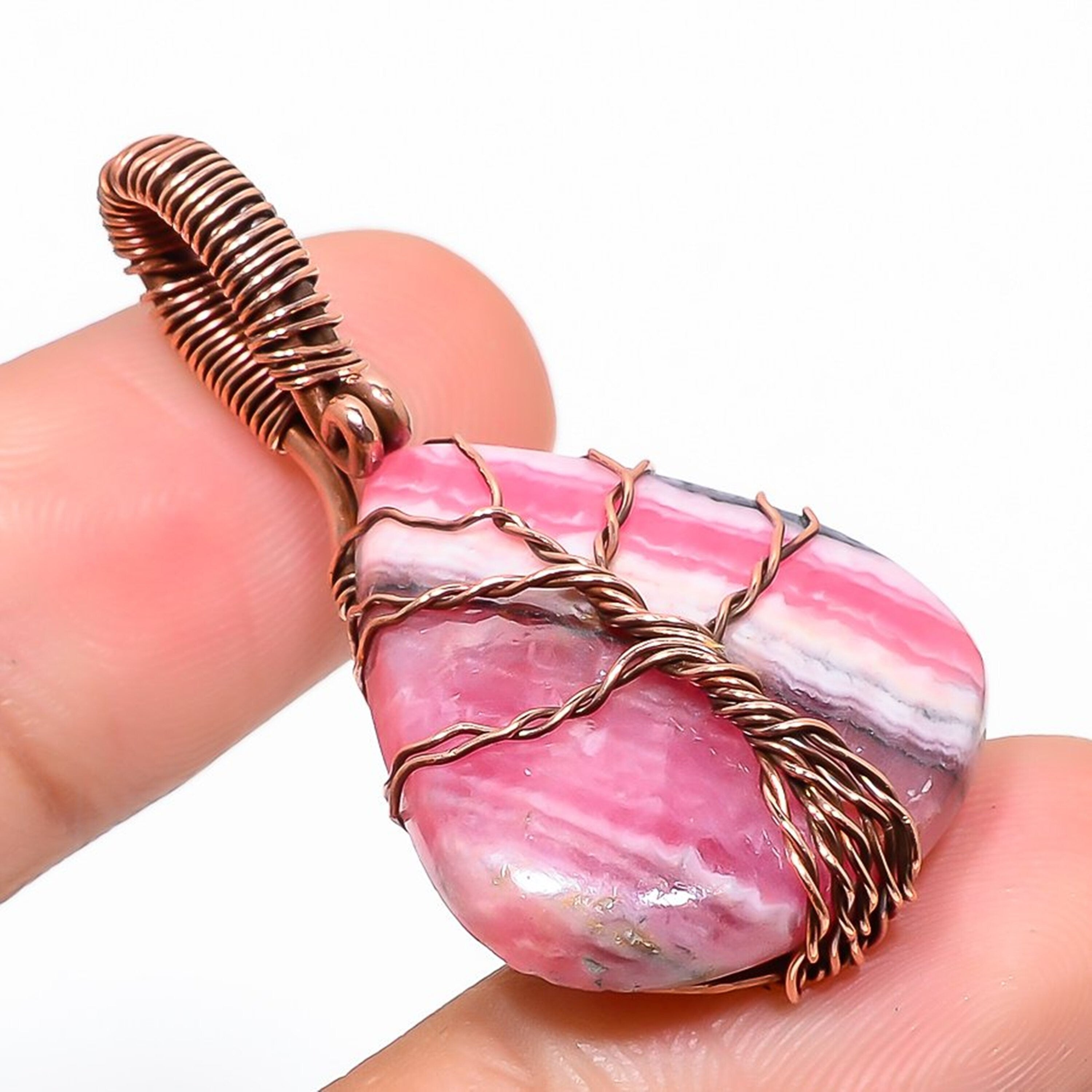 Tree of Life Rhodochrosite Pendant, Copper Wire Wrapped Gemstone Pendant, Handmade Designer Necklace, Copper Jewelry, Wedding Jewelry Gift