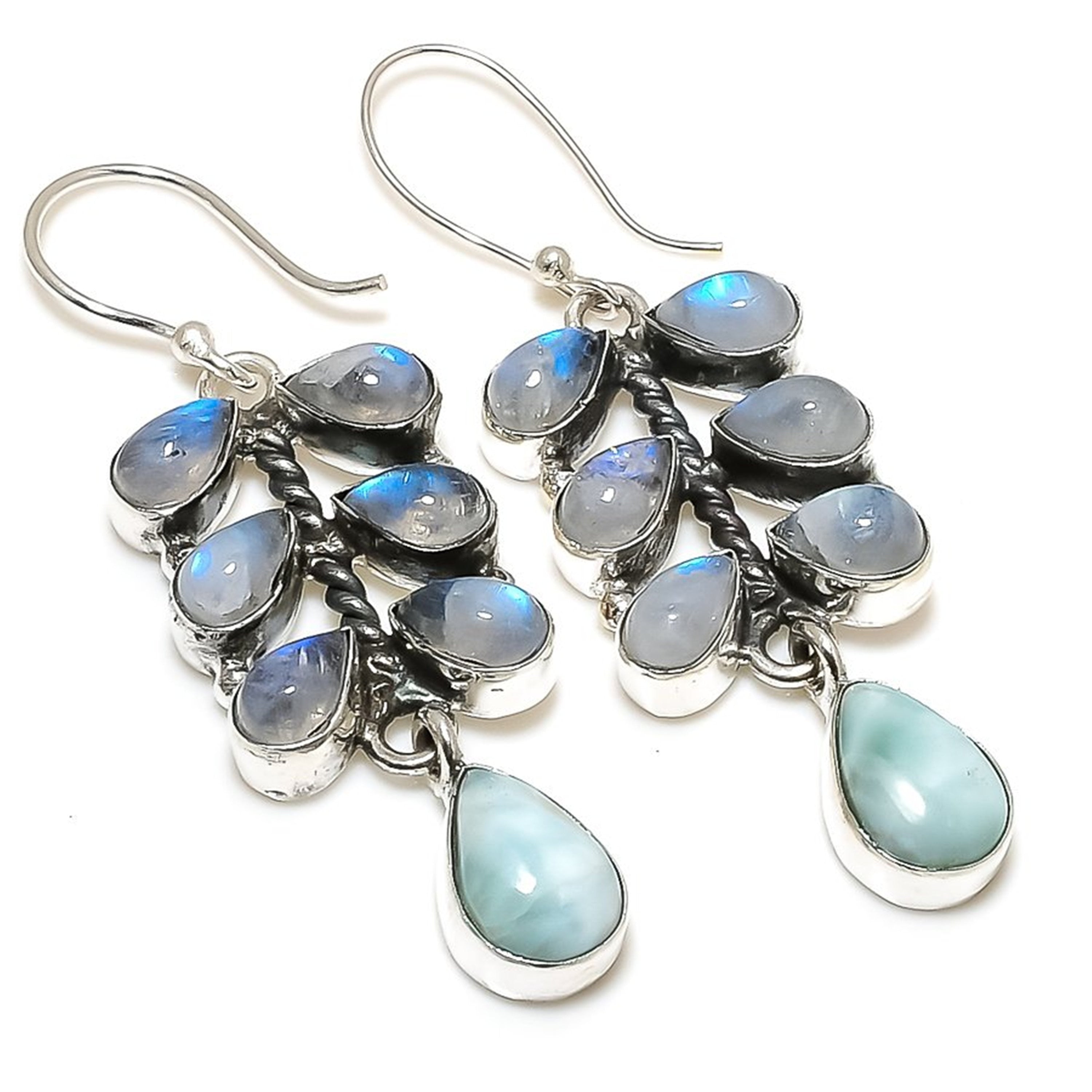 Moonstone Larimar Turquoise Gemstone Silver Dangle Earrings, Handmade Multi Stone Earrings, Birthstone Jewelry, Designer Jewelry, Women Gift