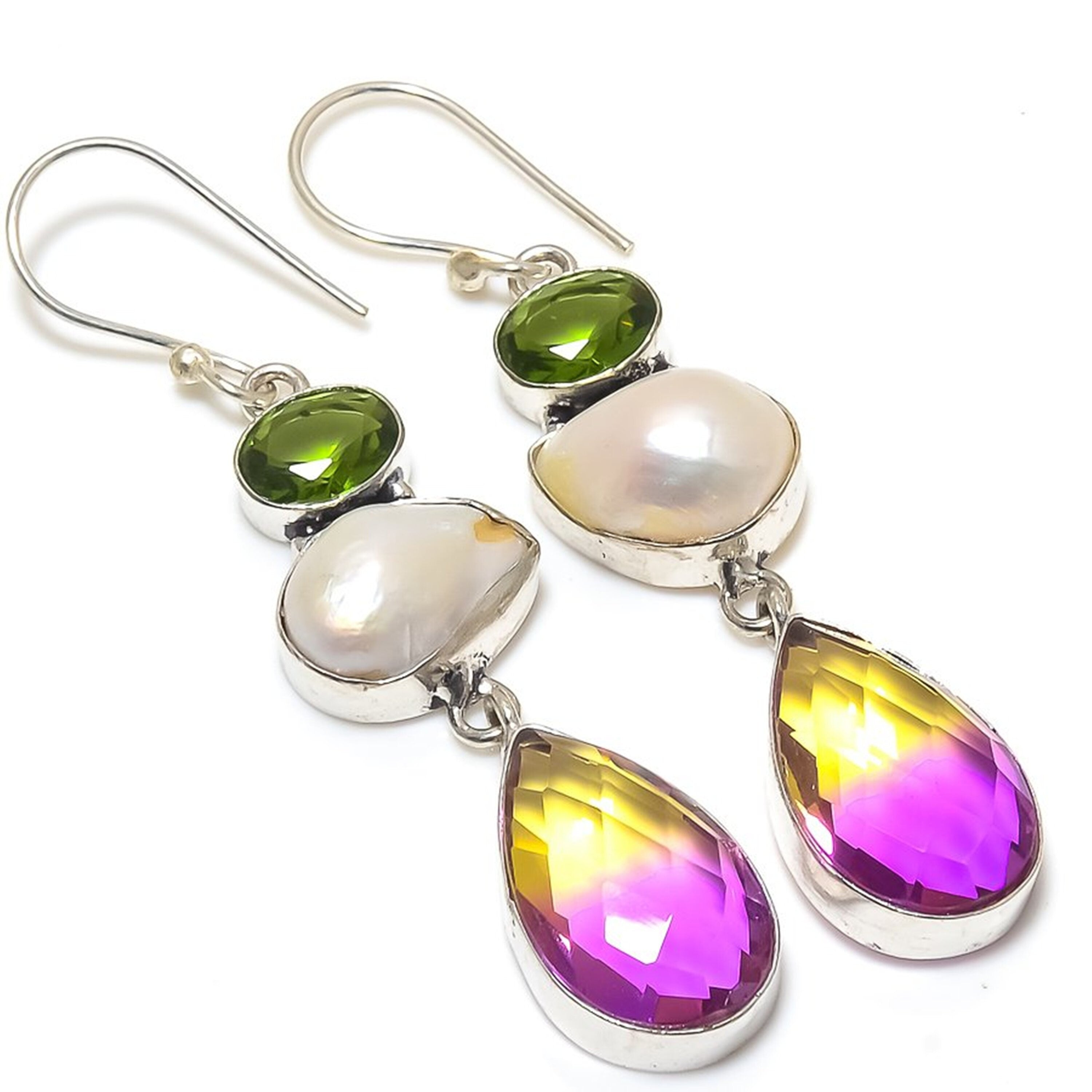 Bi-Color Tourmaline Biwa Pearl Topaz Silver Plated Earrings, Designer Jewelry Dangle Earrings, Handmade Gemstone Earrings, Wedding Jewelry