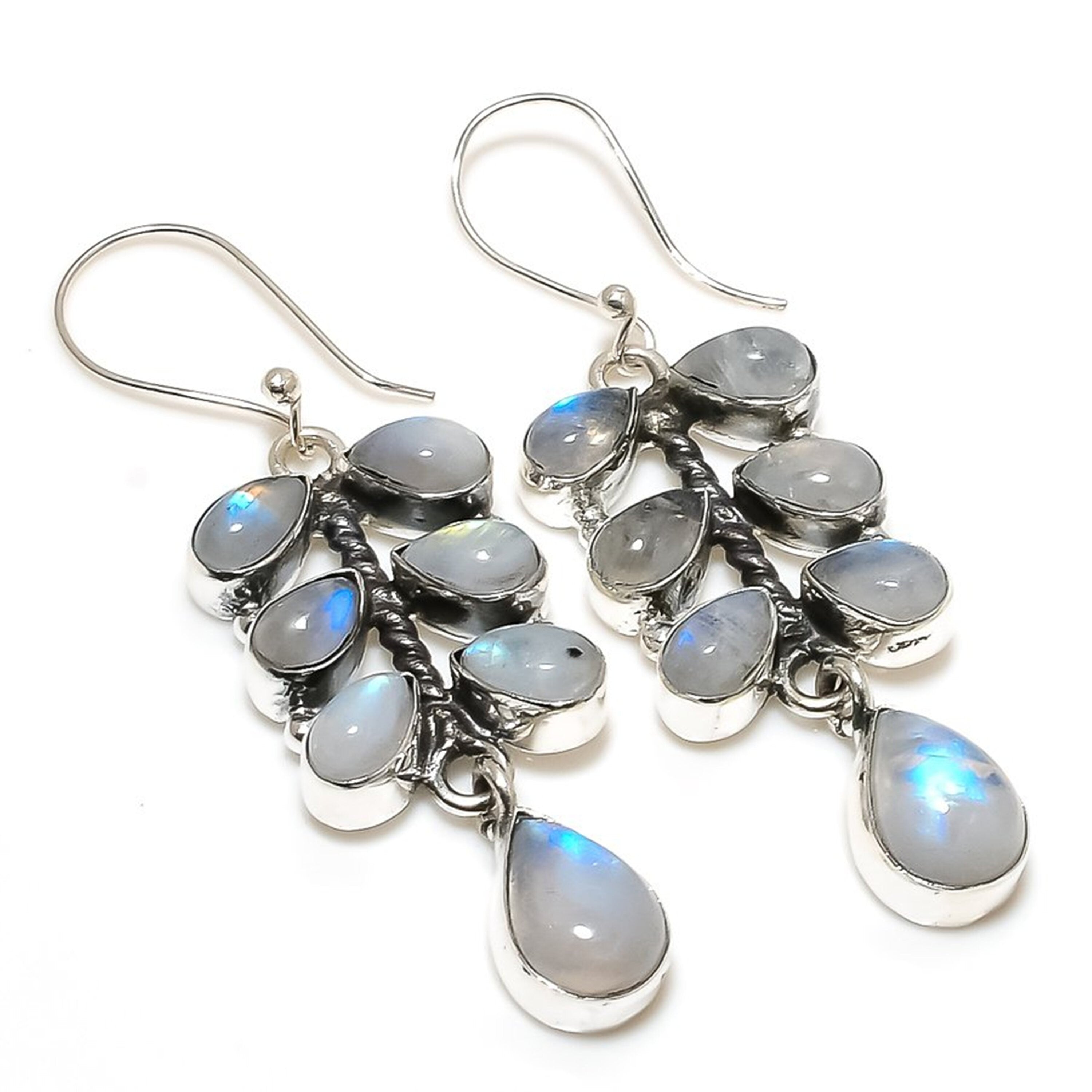 Moonstone Larimar Turquoise Gemstone Silver Dangle Earrings, Handmade Multi Stone Earrings, Birthstone Jewelry, Designer Jewelry, Women Gift