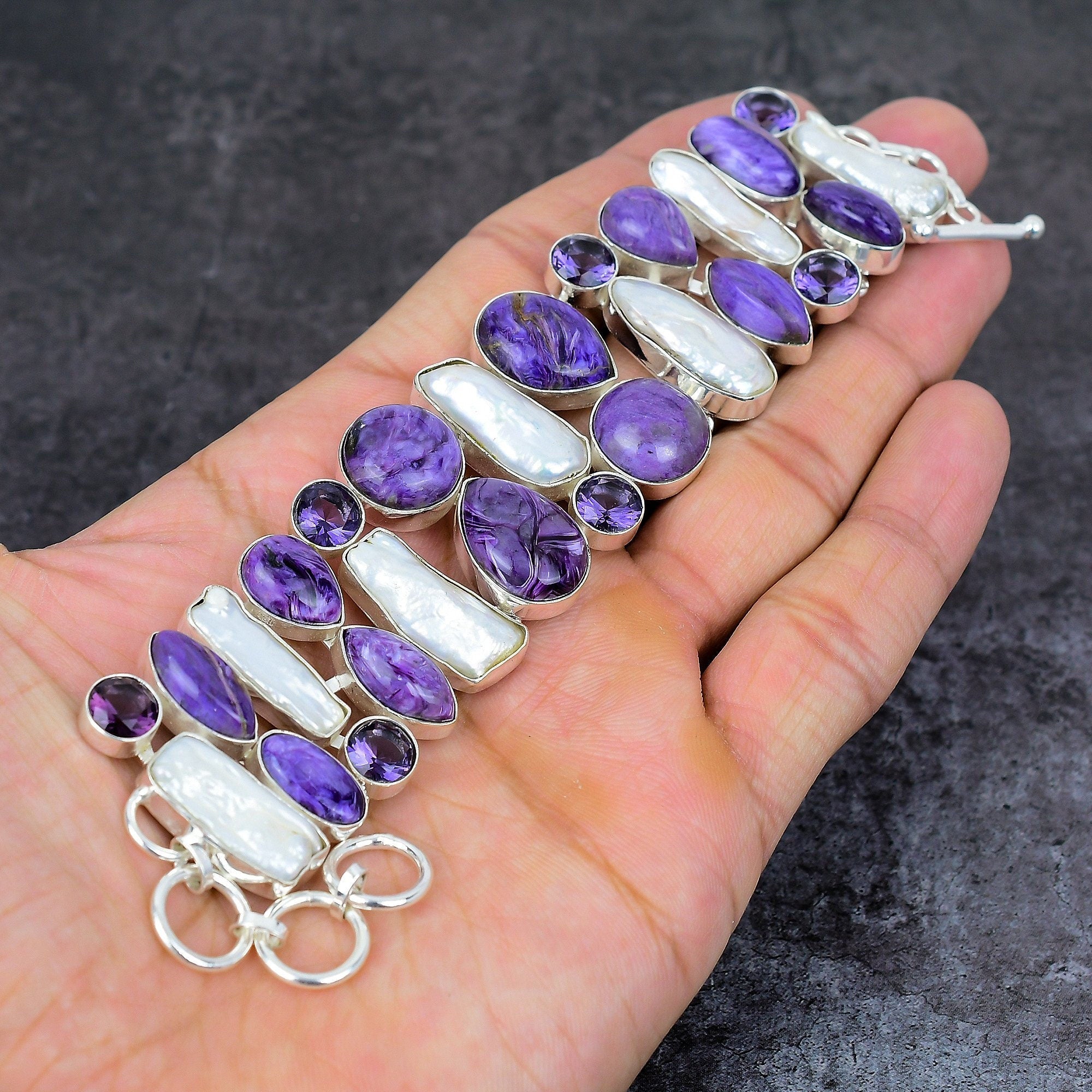 Charoite Biwa Pearl Amethyst Bracelet, Multi Gemstone Silver Plated Handmade Bracelet, Designer Jewelry For Gift, Wedding Bracelet For Women