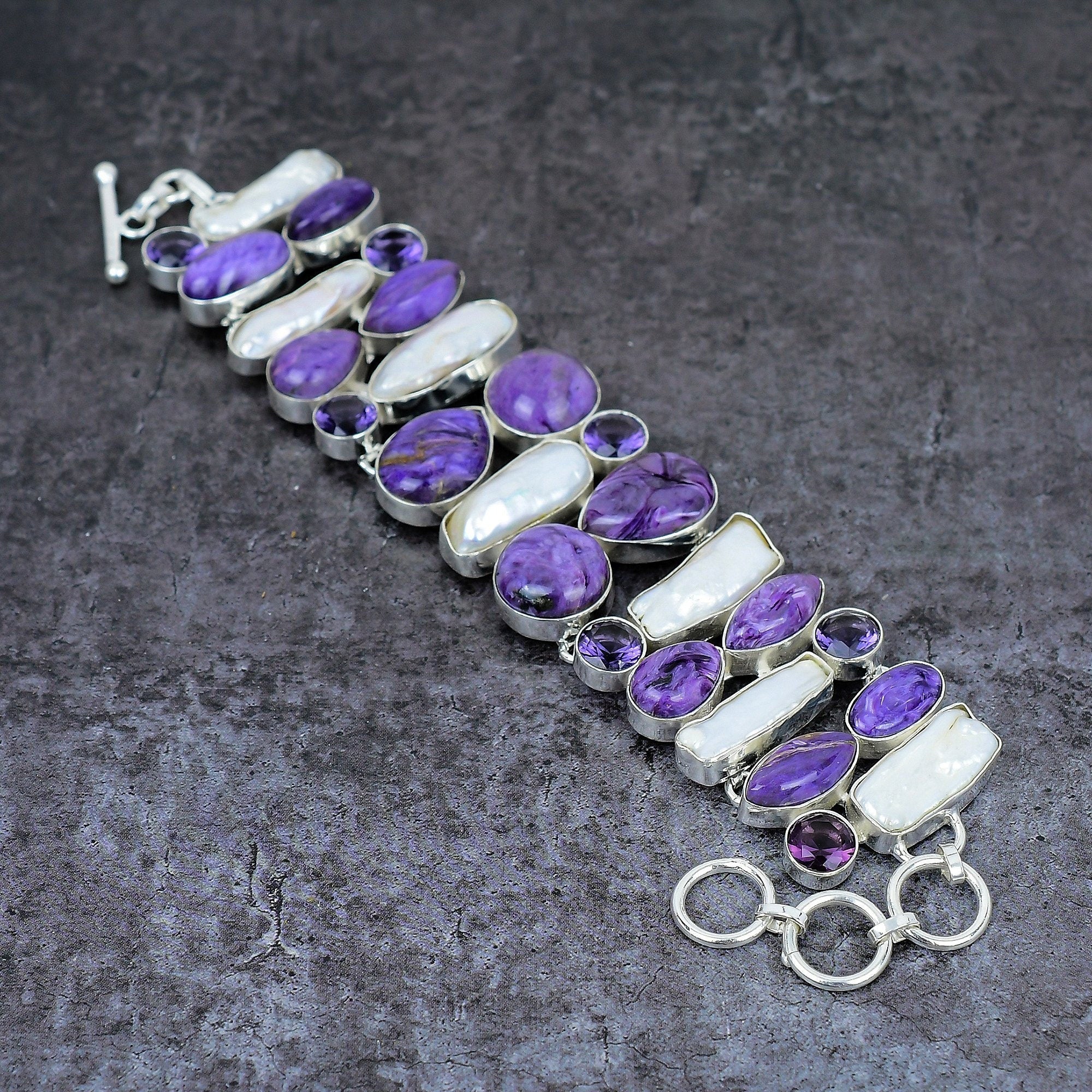 Charoite Biwa Pearl Amethyst Bracelet, Multi Gemstone Silver Plated Handmade Bracelet, Designer Jewelry For Gift, Wedding Bracelet For Women