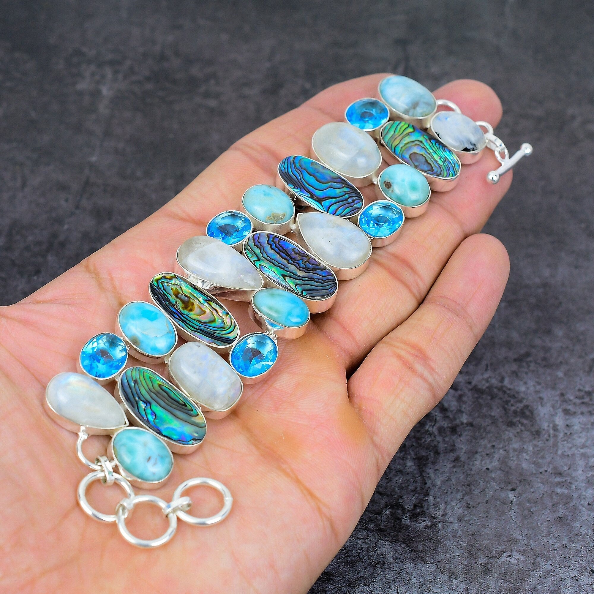 Moonstone Larimar Abalone Shell Blue Topaz Bracelet, Multi Gemstone Silver Plated Bracelet, Healing Bracelet, Designer Jewelry, Chakra Stone