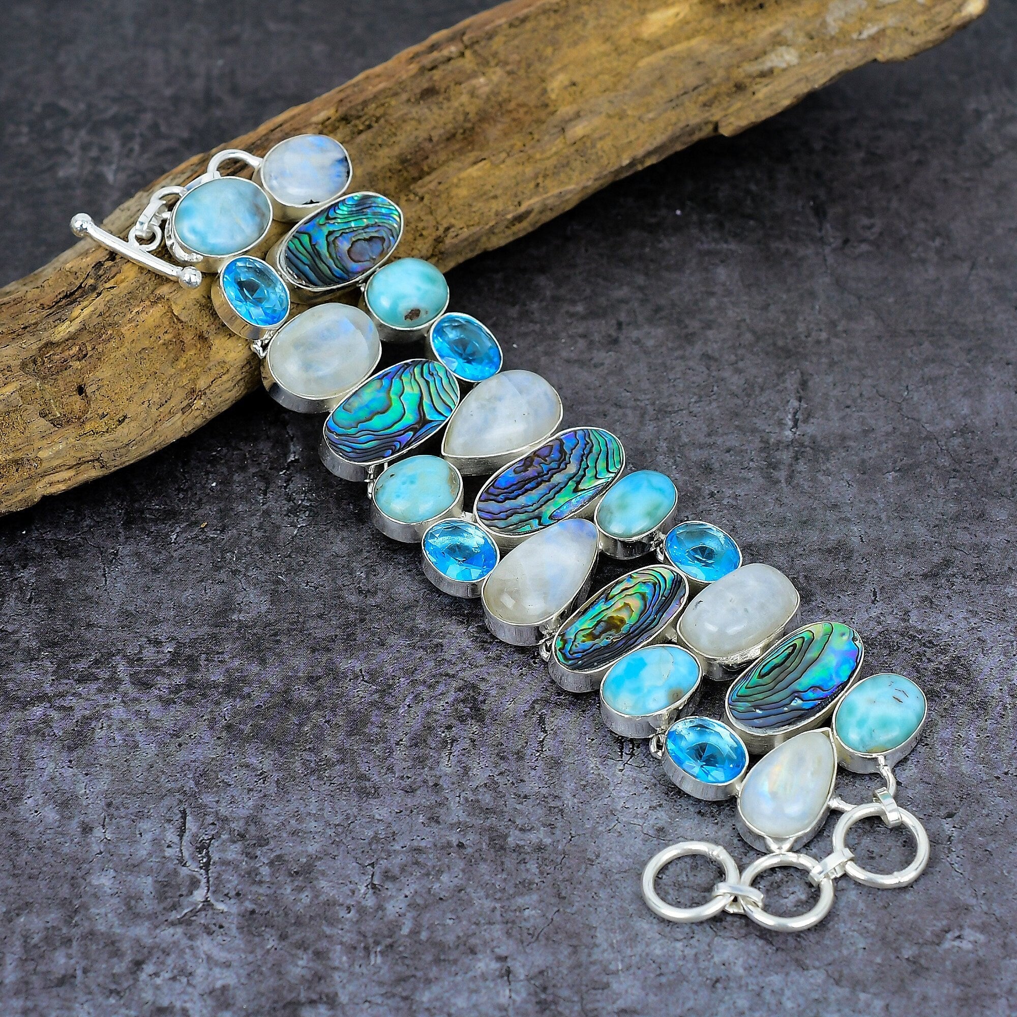 Moonstone Larimar Abalone Shell Blue Topaz Bracelet, Multi Gemstone Silver Plated Bracelet, Healing Bracelet, Designer Jewelry, Chakra Stone