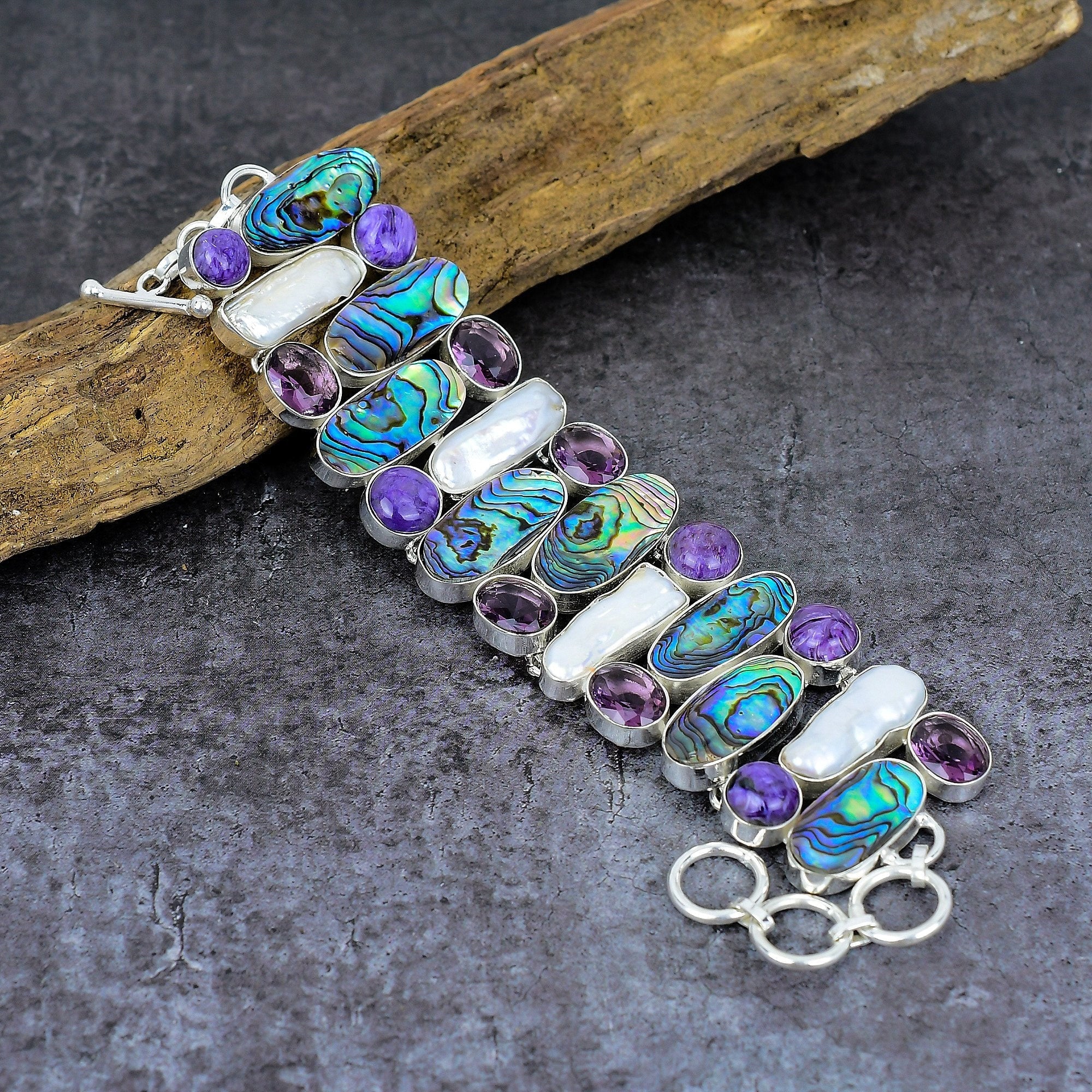 Abalone Shell Biwa Pearl Charoite Amethyst Bracelet, Handmade Gemstone Silver Plated Bracelet, Healing Bracelet, Designer Jewelry for Gift