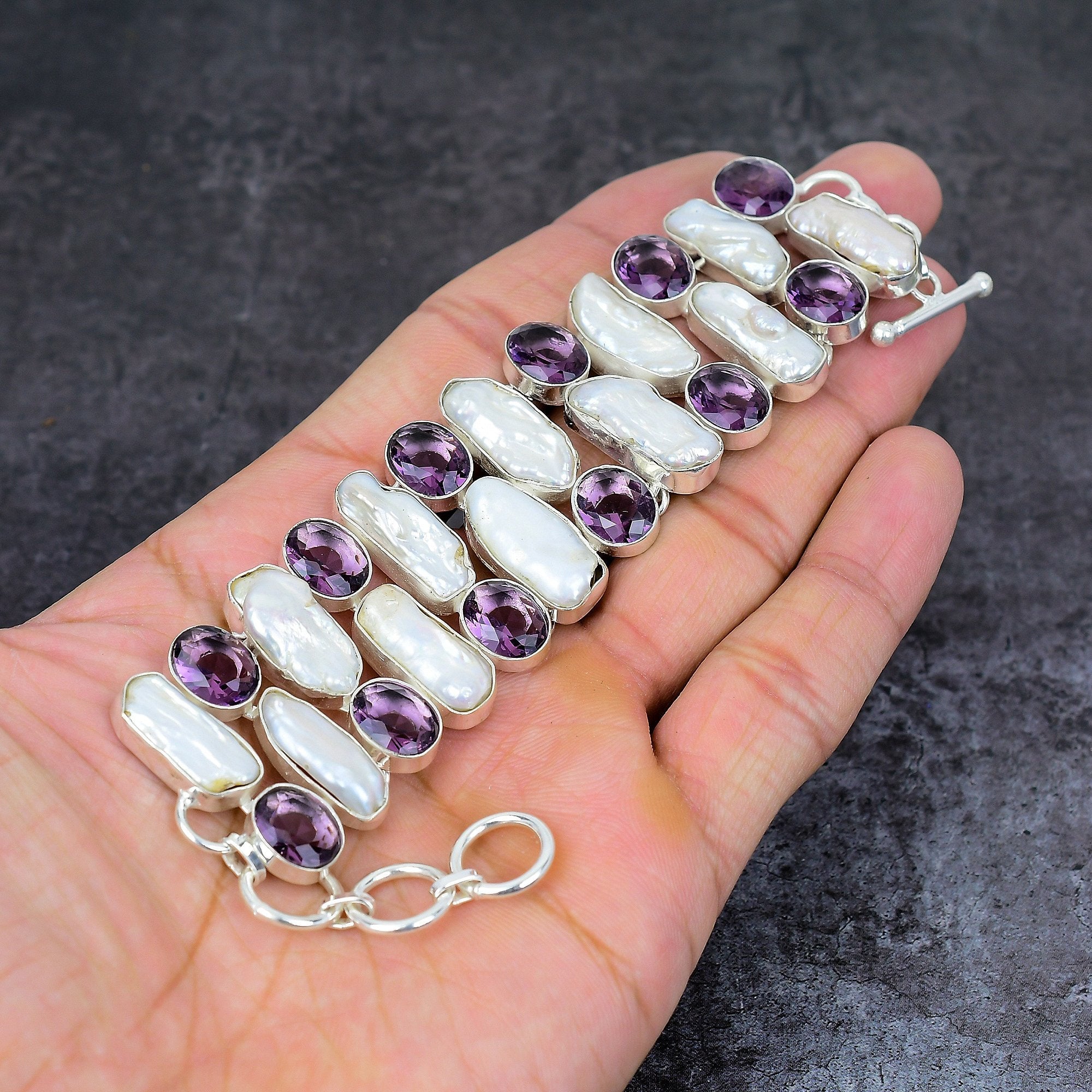 Biwa Pearl & Amethyst Bracelet, Gemstone Silver Plated Handmade Bracelet, Unique Designer Jewelry, Statement Bracelet, Wedding Gift For Her