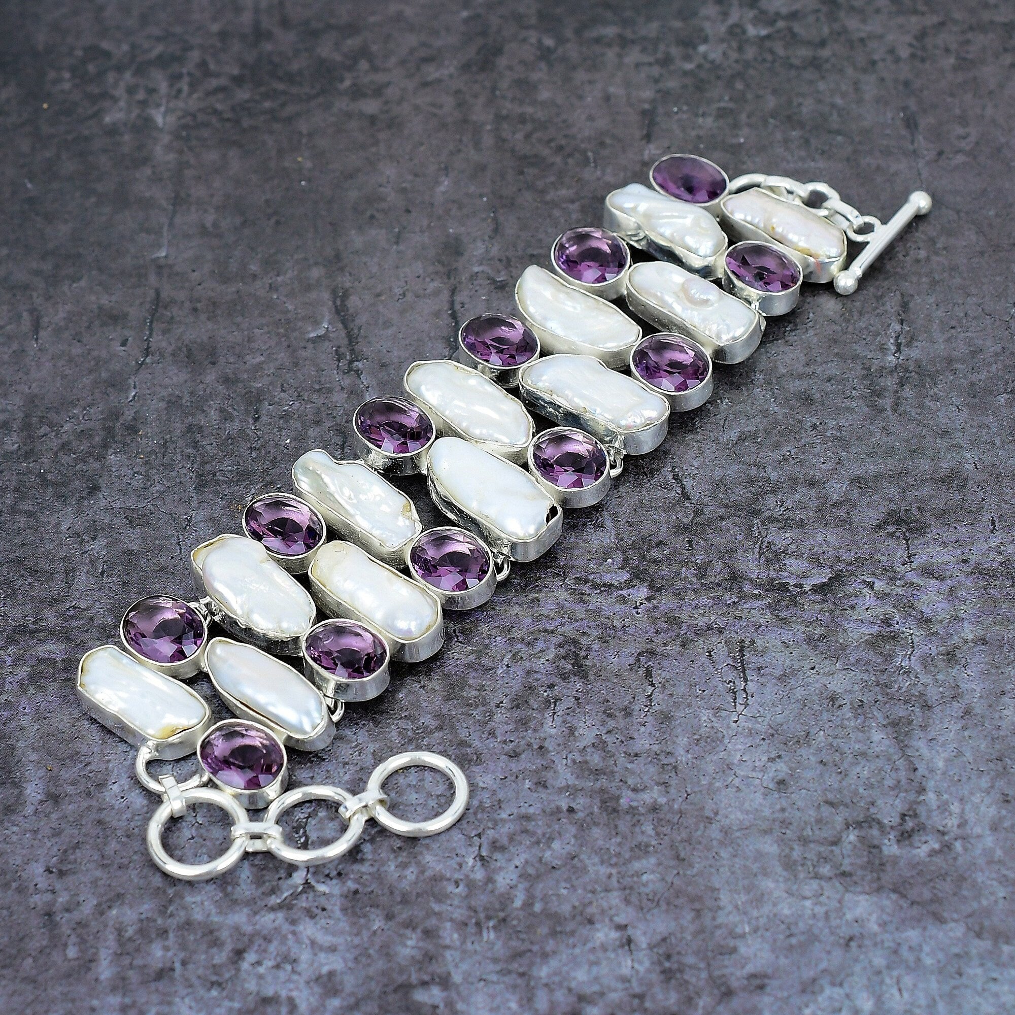 Biwa Pearl & Amethyst Bracelet, Gemstone Silver Plated Handmade Bracelet, Unique Designer Jewelry, Statement Bracelet, Wedding Gift For Her