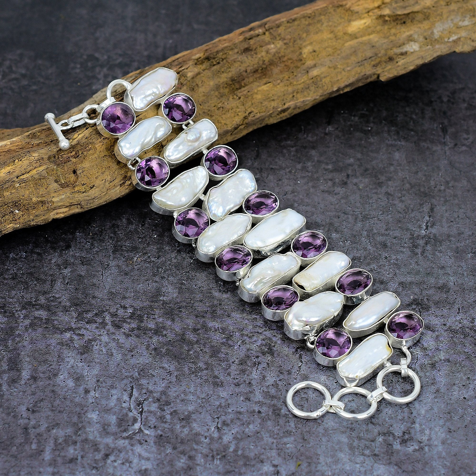 Biwa Pearl & Amethyst Bracelet, Gemstone Silver Plated Handmade Bracelet, Unique Designer Jewelry, Statement Bracelet, Wedding Gift For Her