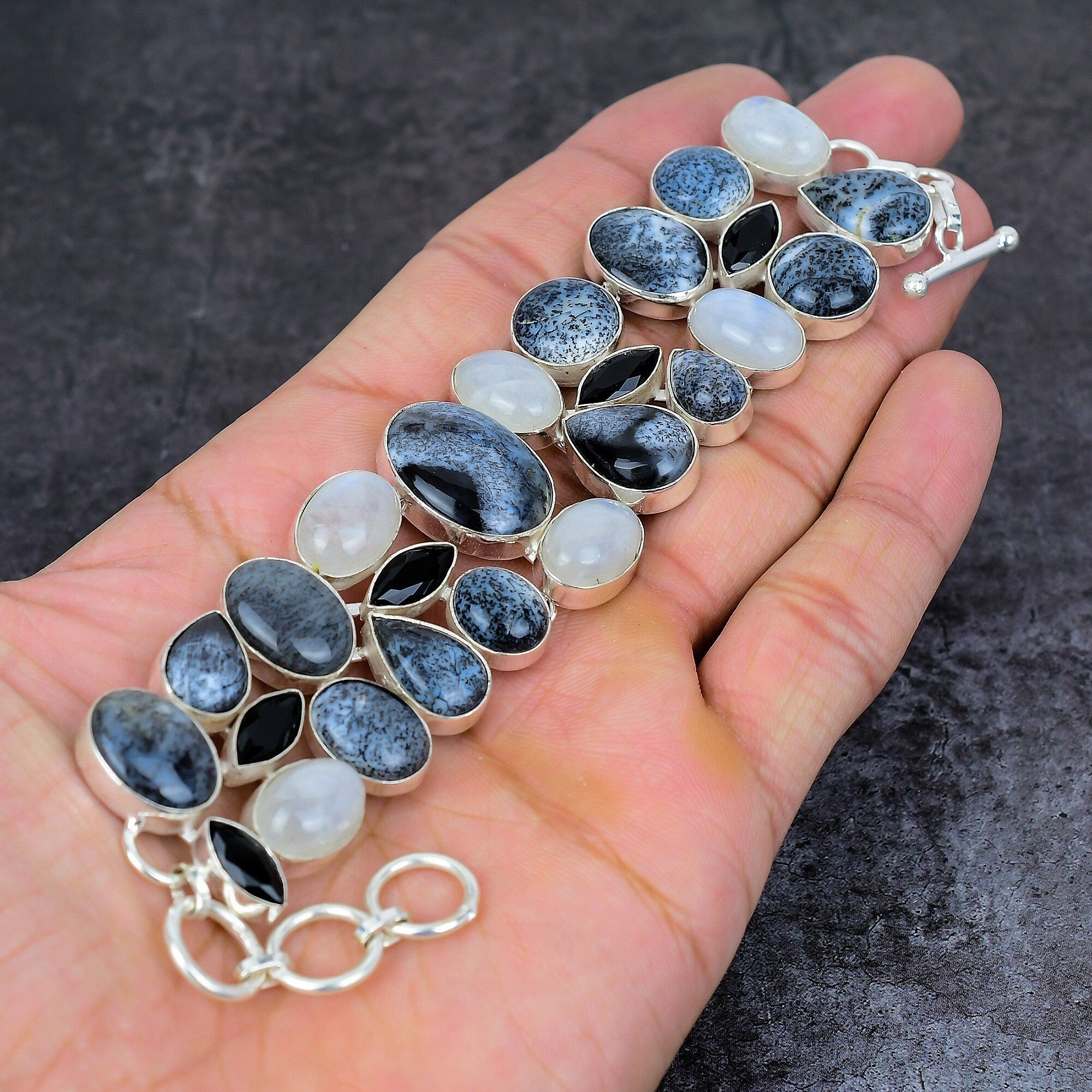 Dendrite Opal Moonstone Black Onyx Silver Plated Bracelet, Unique Designer Jewelry, Statement Bracelet, Multi Gemstone Bracelet Gift For Her