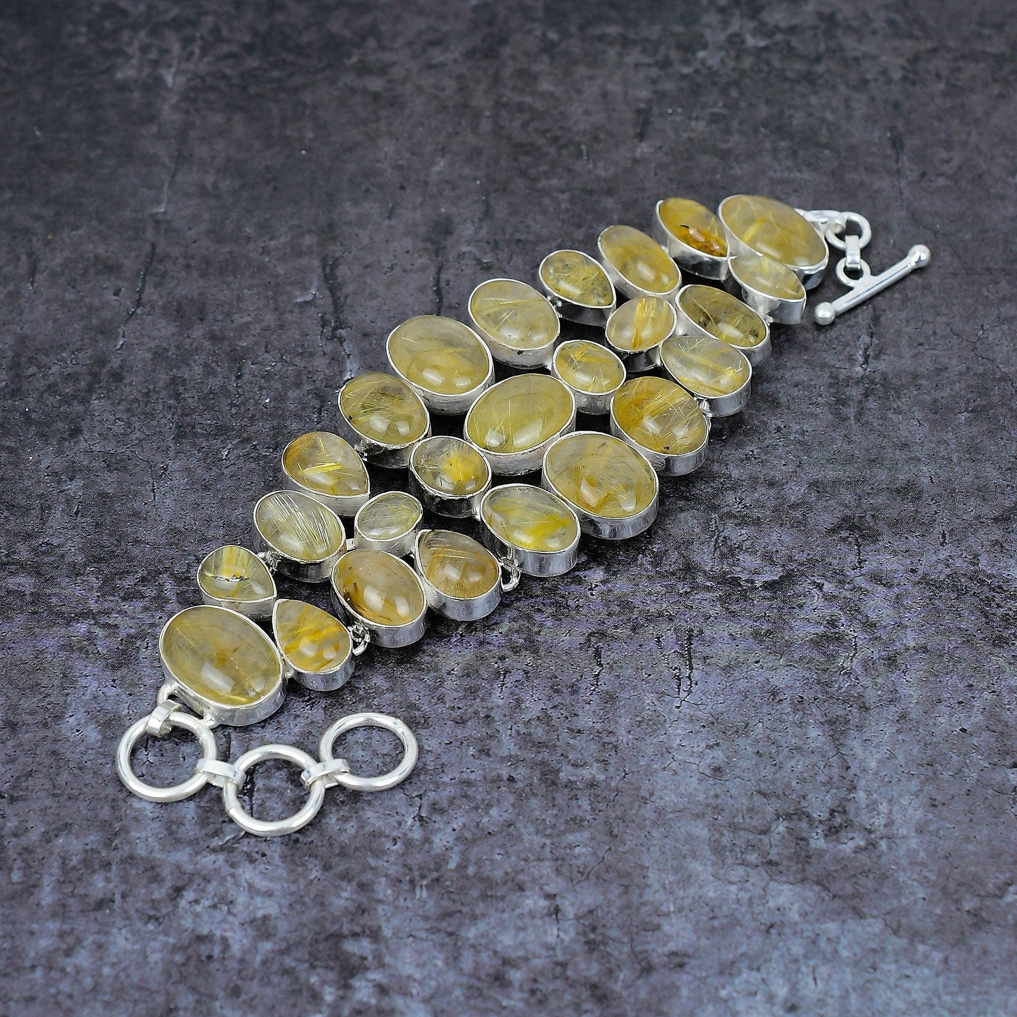 Gold Rutilated Quartz Bracelet, Rutile Quartz Silver Plated Bracelet, Adjustable Statement Jewelry, Protection Balancing Healing Bracelet