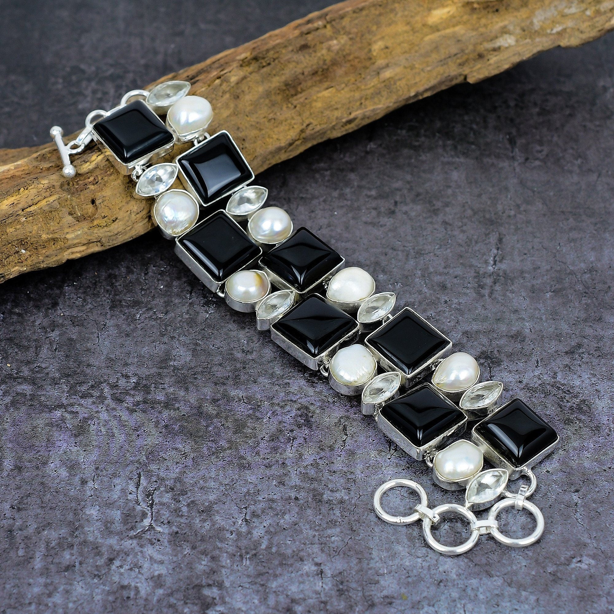 Black Onyx Bracelet, Onyx White Pearl Topaz Gemstone Silver Plated Bracelet, Handmade Bracelet, Statement Jewelry, Boho Wedding Jewelry Gift