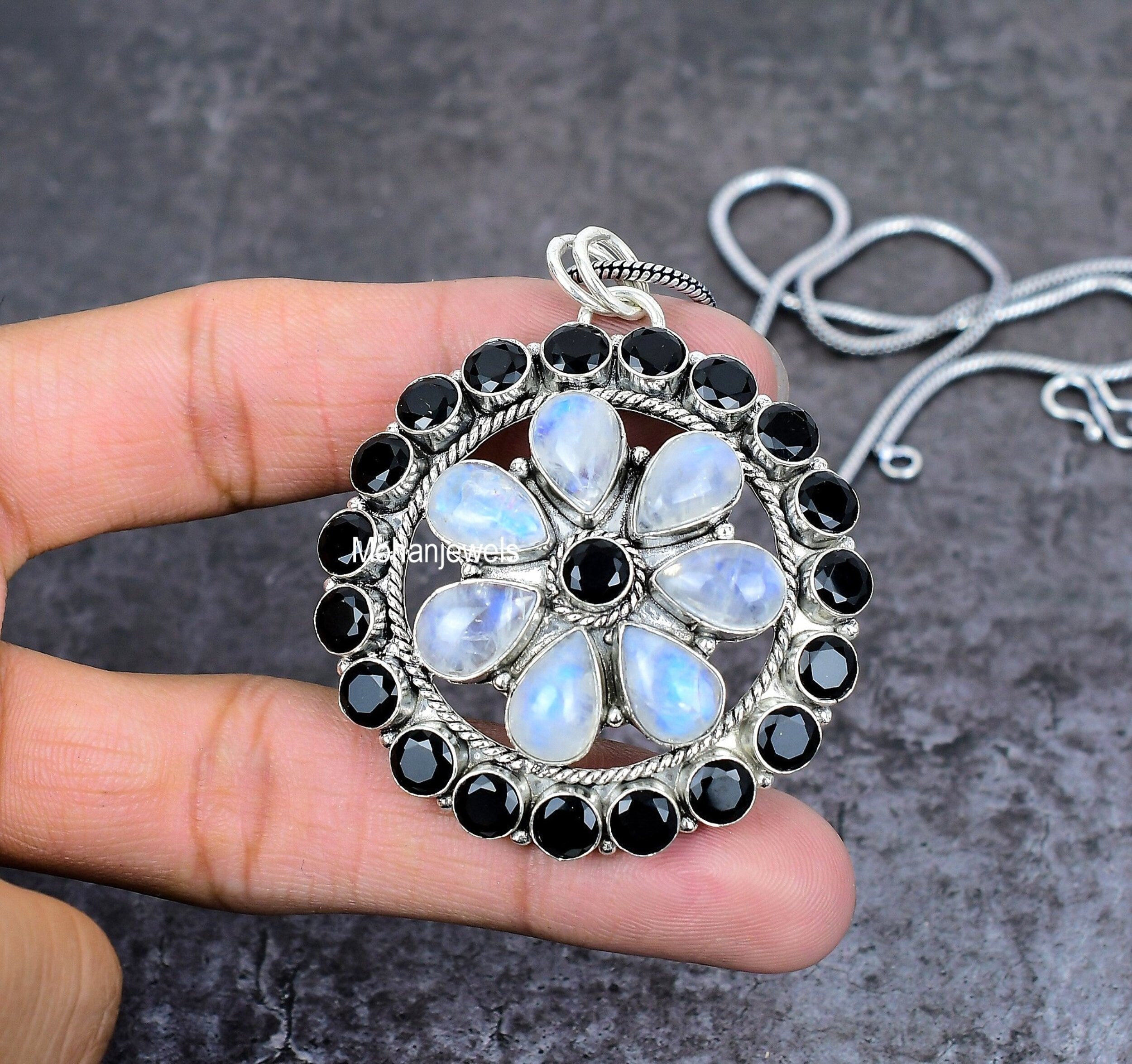 Moonstone & Black Onyx Pendant Handmade Gemstone Silver Plated Flower Pendant Healing Crystals Statement Jewelry Pendant For Wedding Gift