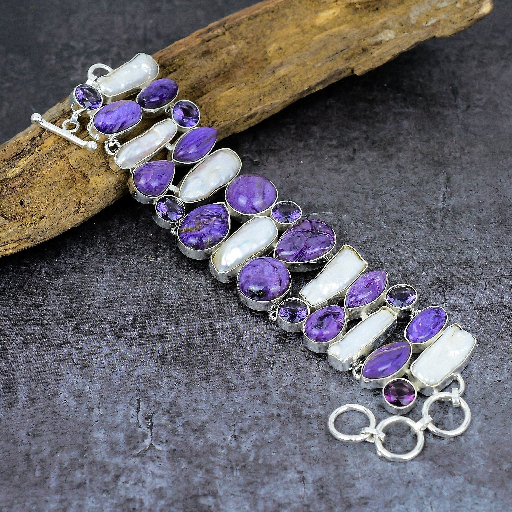 Charoite Biwa Pearl Amethyst Bracelet, Multi Gemstone Silver Plated Handmade Bracelet, Designer Jewelry For Gift, Wedding Bracelet For Women