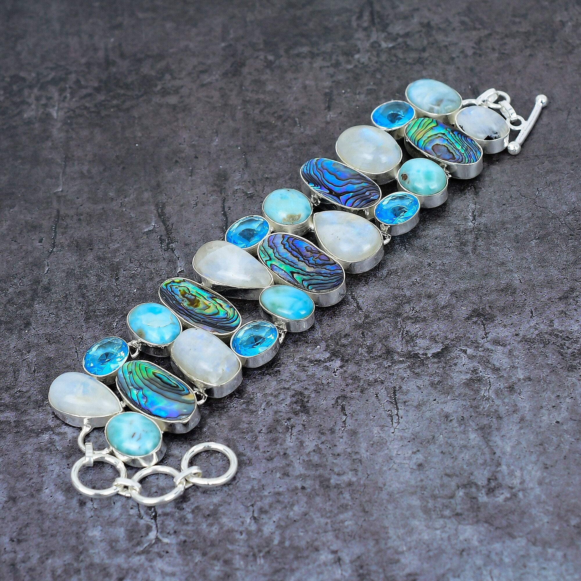 Moonstone Larimar Abalone Shell Blue Topaz Bracelet, Multi Gemstone Silver Plated Bracelet, Healing Bracelet, Designer Jewelry, Chakra Stone