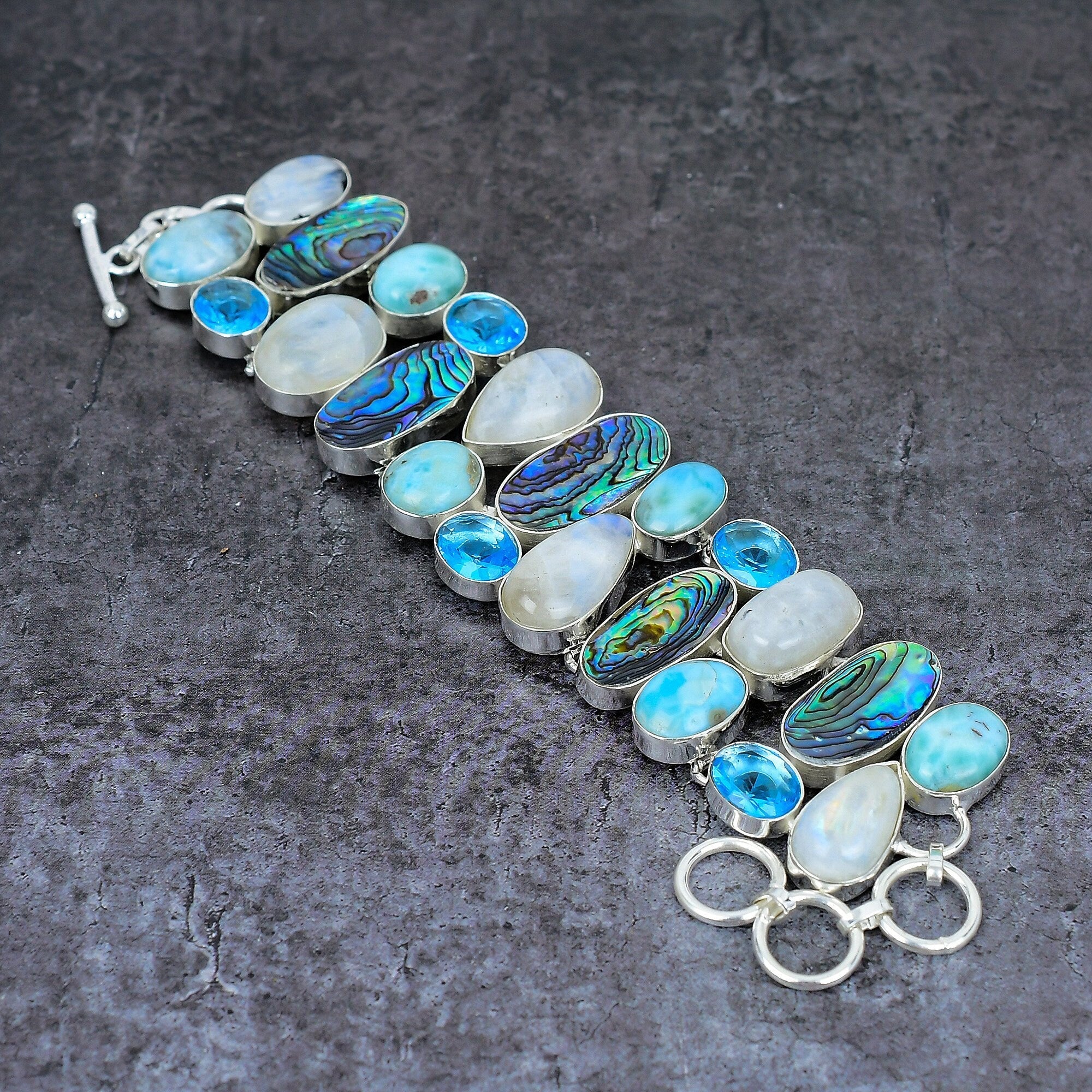 Moonstone Larimar Abalone Shell Blue Topaz Bracelet, Multi Gemstone Silver Plated Bracelet, Healing Bracelet, Designer Jewelry, Chakra Stone