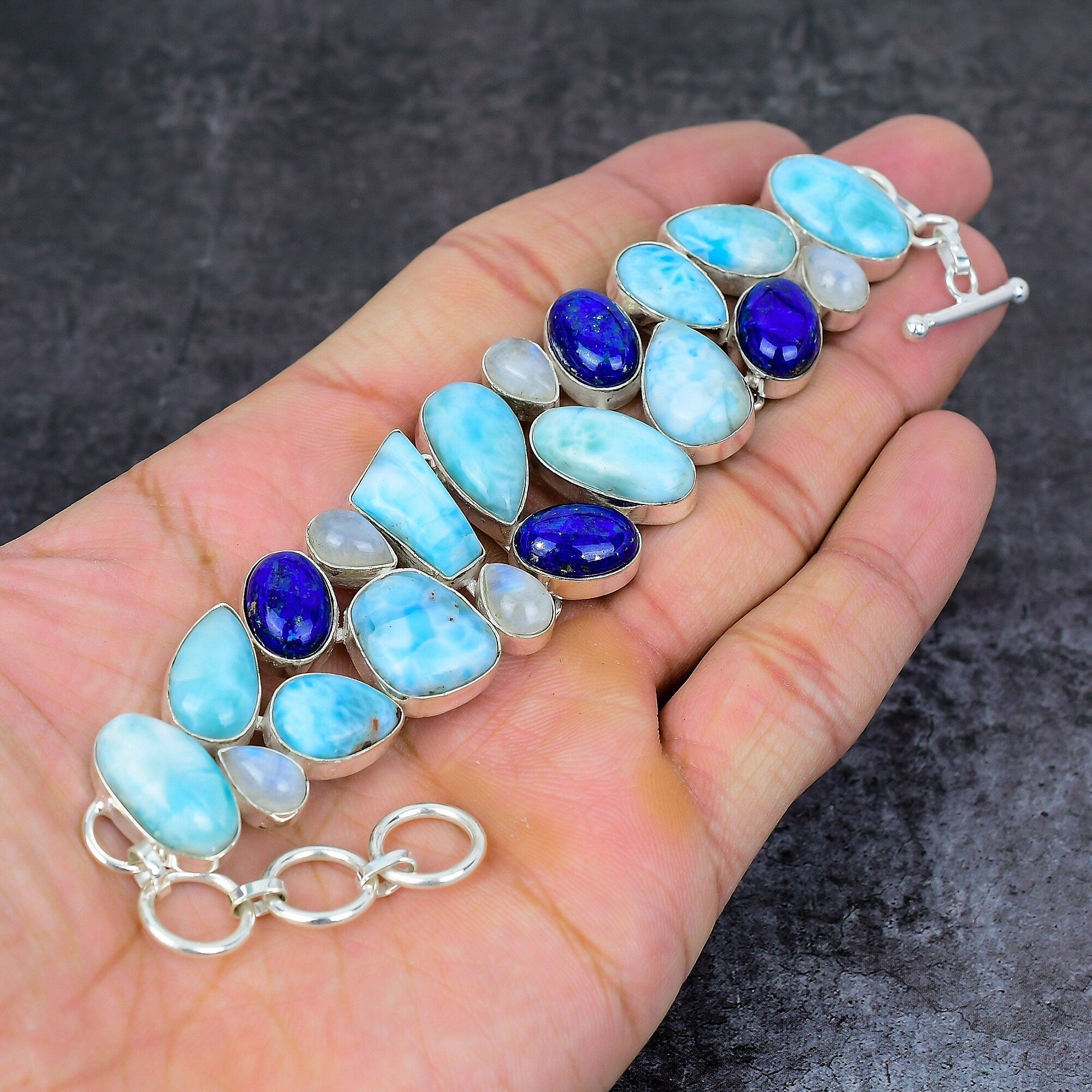 Genuine Larimar Lapis Lazuli Moonstone Silver Plated Bracelet, Birthstone Bracelet, Designer Jewelry, Healing Crystal Bracelet, Gift for Her