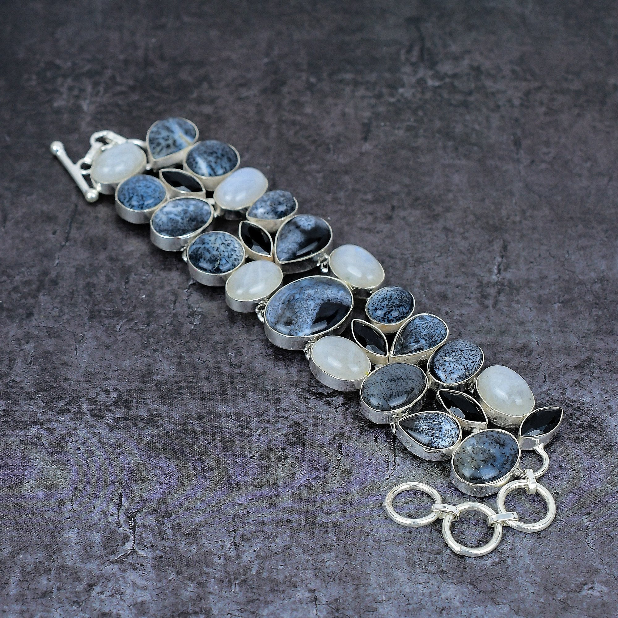 Dendrite Opal Moonstone Black Onyx Silver Plated Bracelet, Unique Designer Jewelry, Statement Bracelet, Multi Gemstone Bracelet Gift For Her