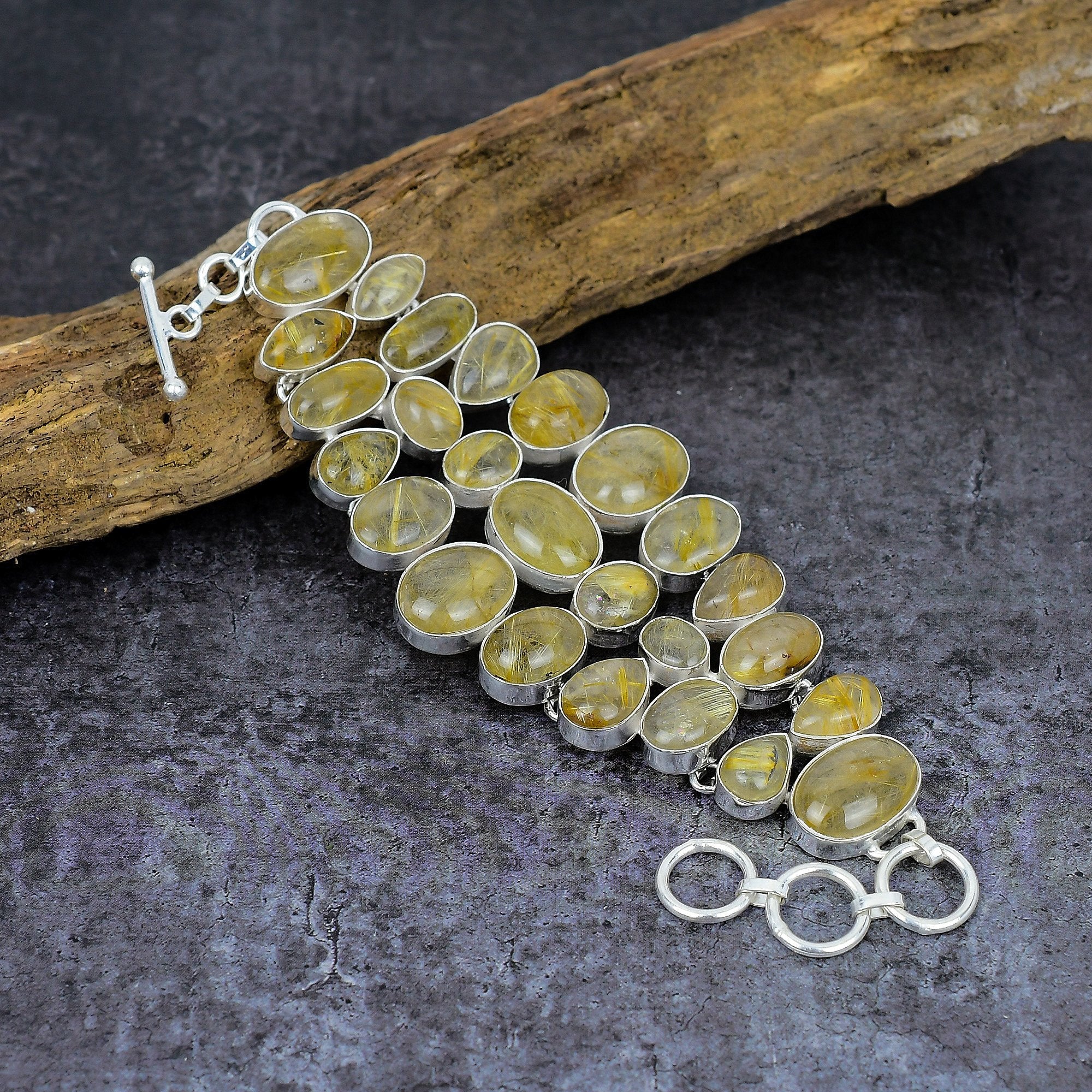 Gold Rutilated Quartz Bracelet, Rutile Quartz Silver Plated Bracelet, Adjustable Statement Jewelry, Protection Balancing Healing Bracelet