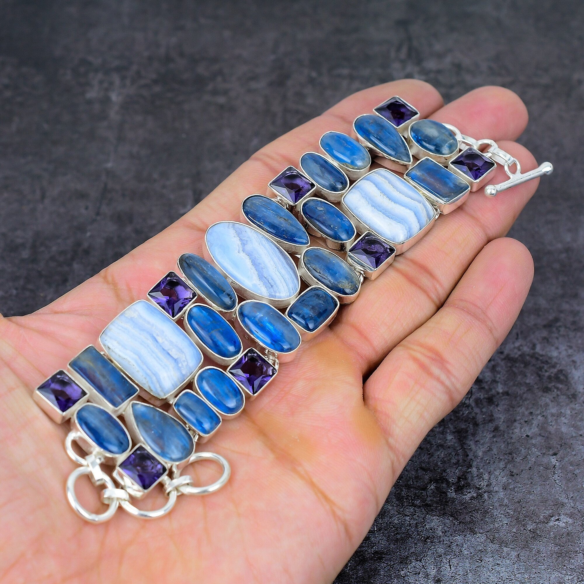 Blue Lace Agate Kyanite Amethyst Silver Plated Bracelet, Handmade Bohemian Jewelry, Energy Healing Bracelet, Anniversary Gift For Her