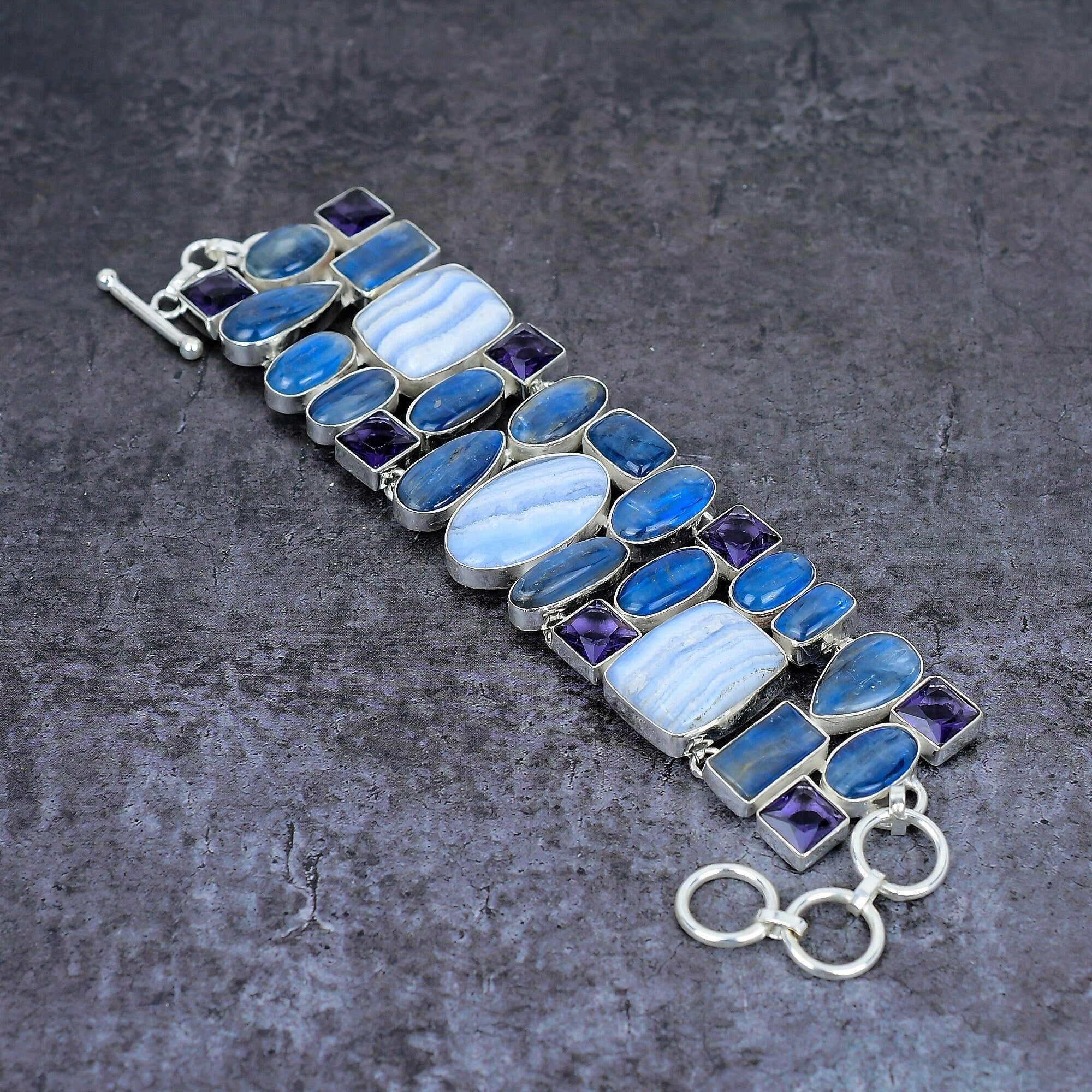 Blue Lace Agate Kyanite Amethyst Silver Plated Bracelet, Handmade Bohemian Jewelry, Energy Healing Bracelet, Anniversary Gift For Her