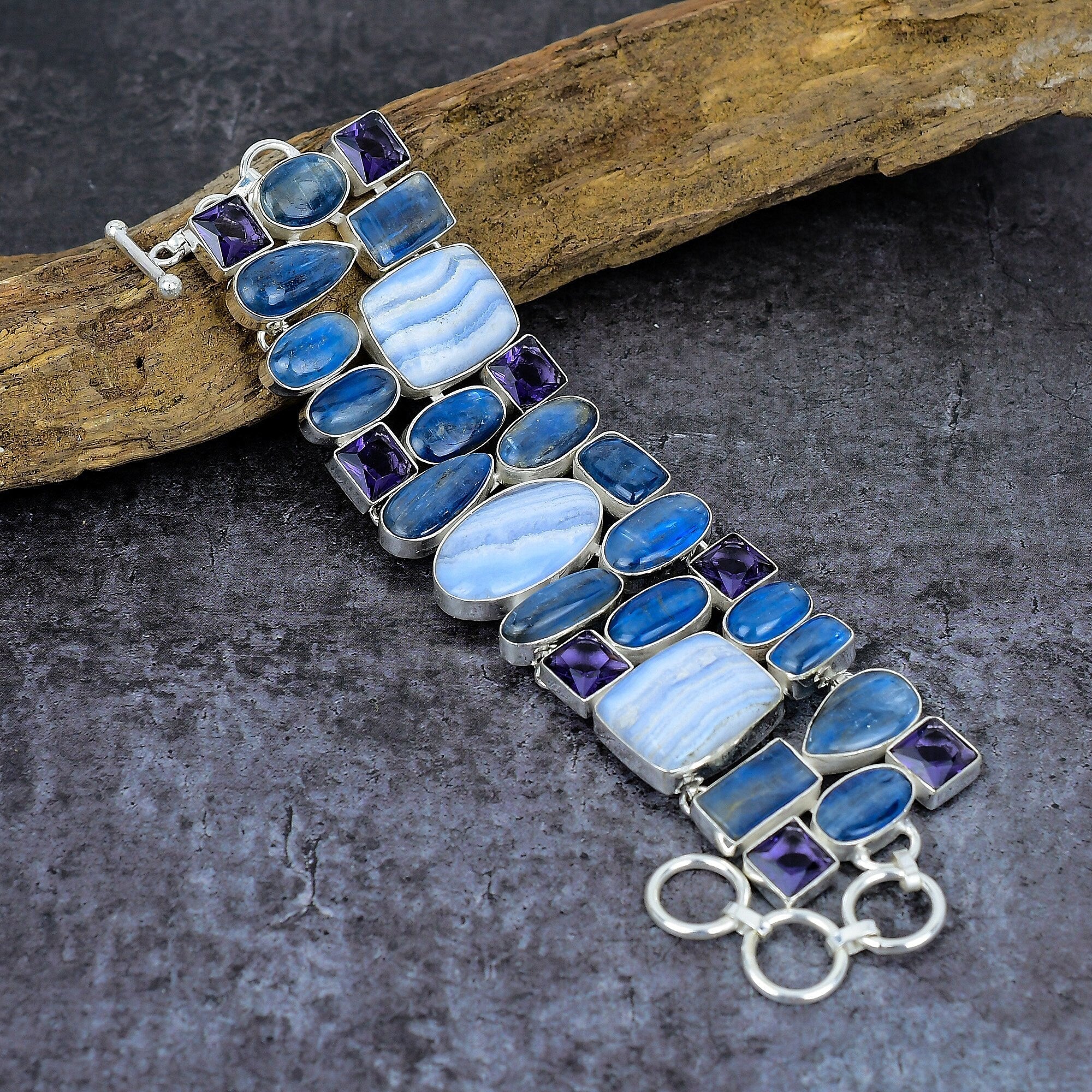 Blue Lace Agate Kyanite Amethyst Silver Plated Bracelet, Handmade Bohemian Jewelry, Energy Healing Bracelet, Anniversary Gift For Her